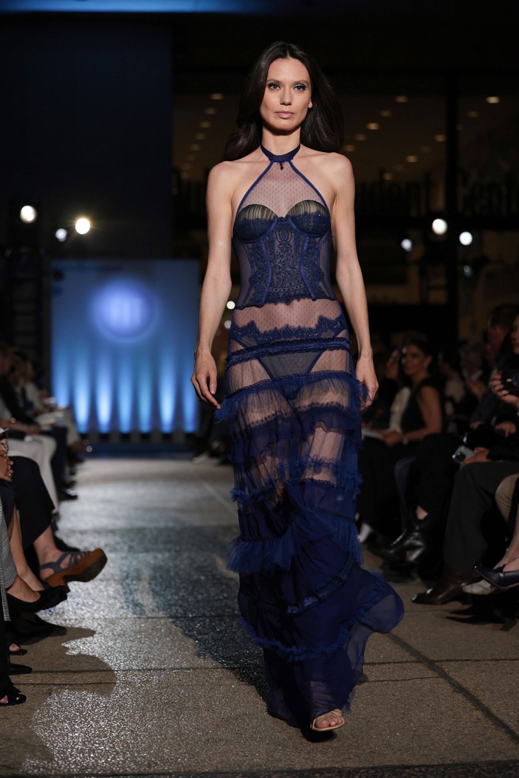 blue lace halter gown