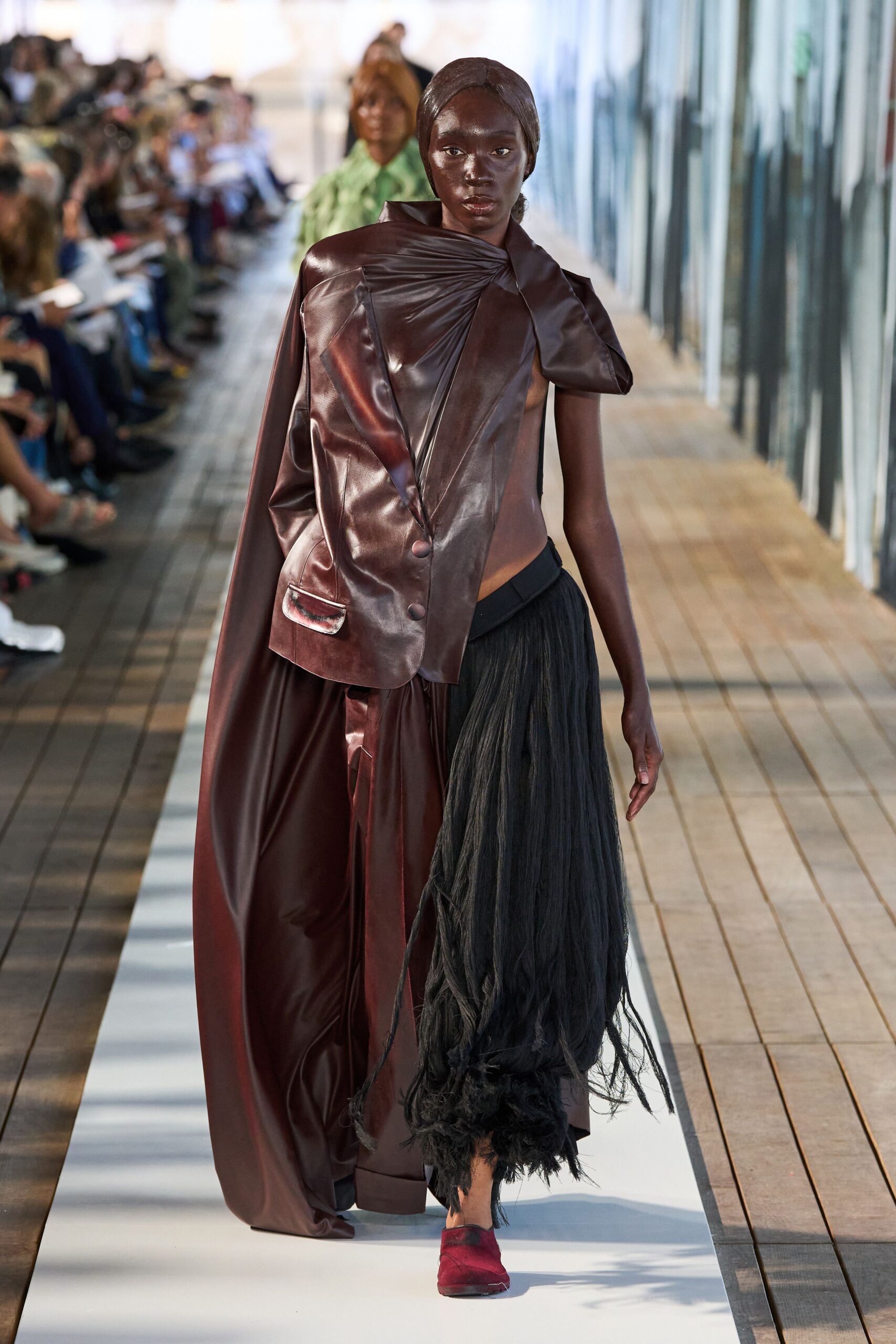 brown leather long-sleeve collared structured buttoned cape