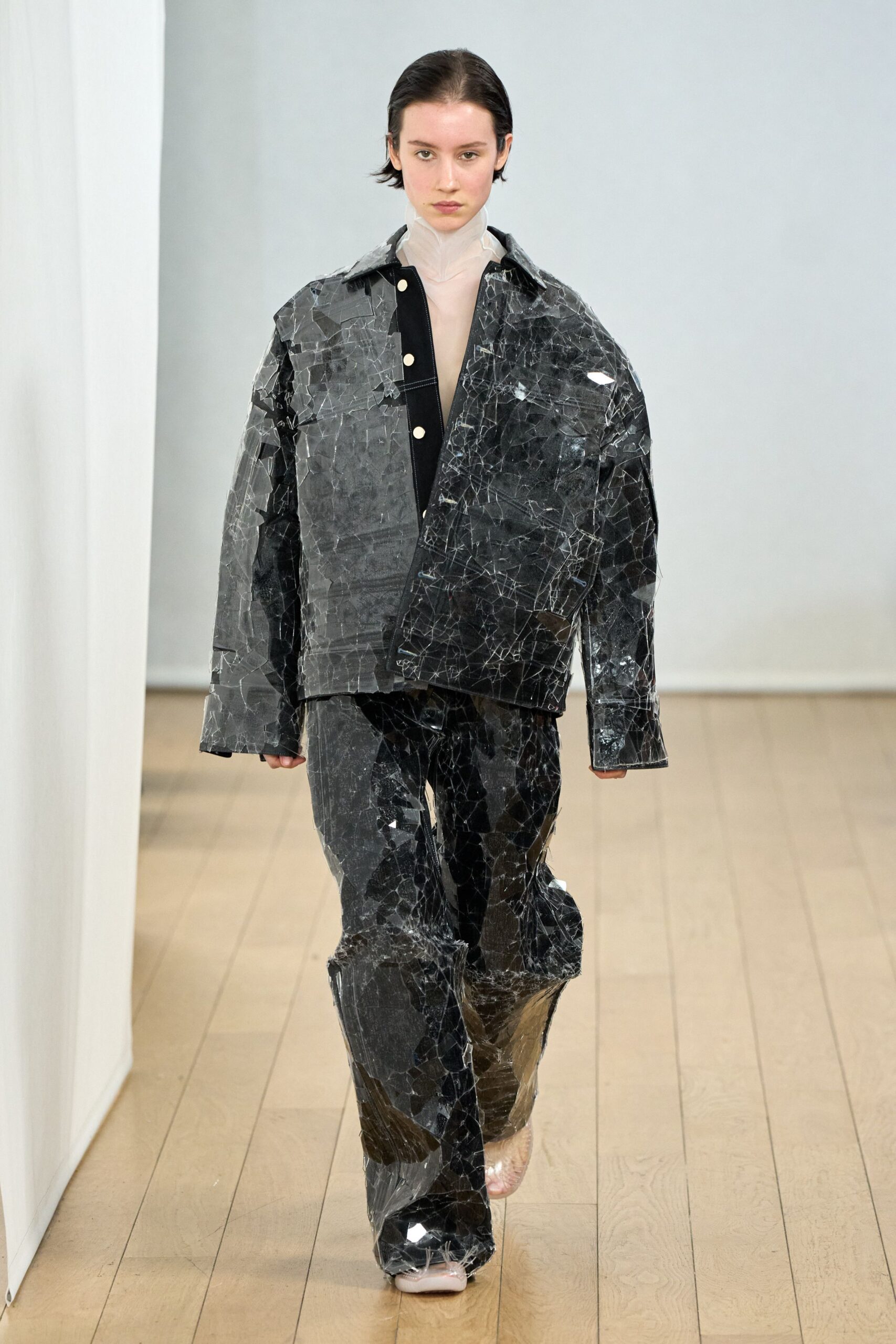 black vinyl relaxed jacket and pants