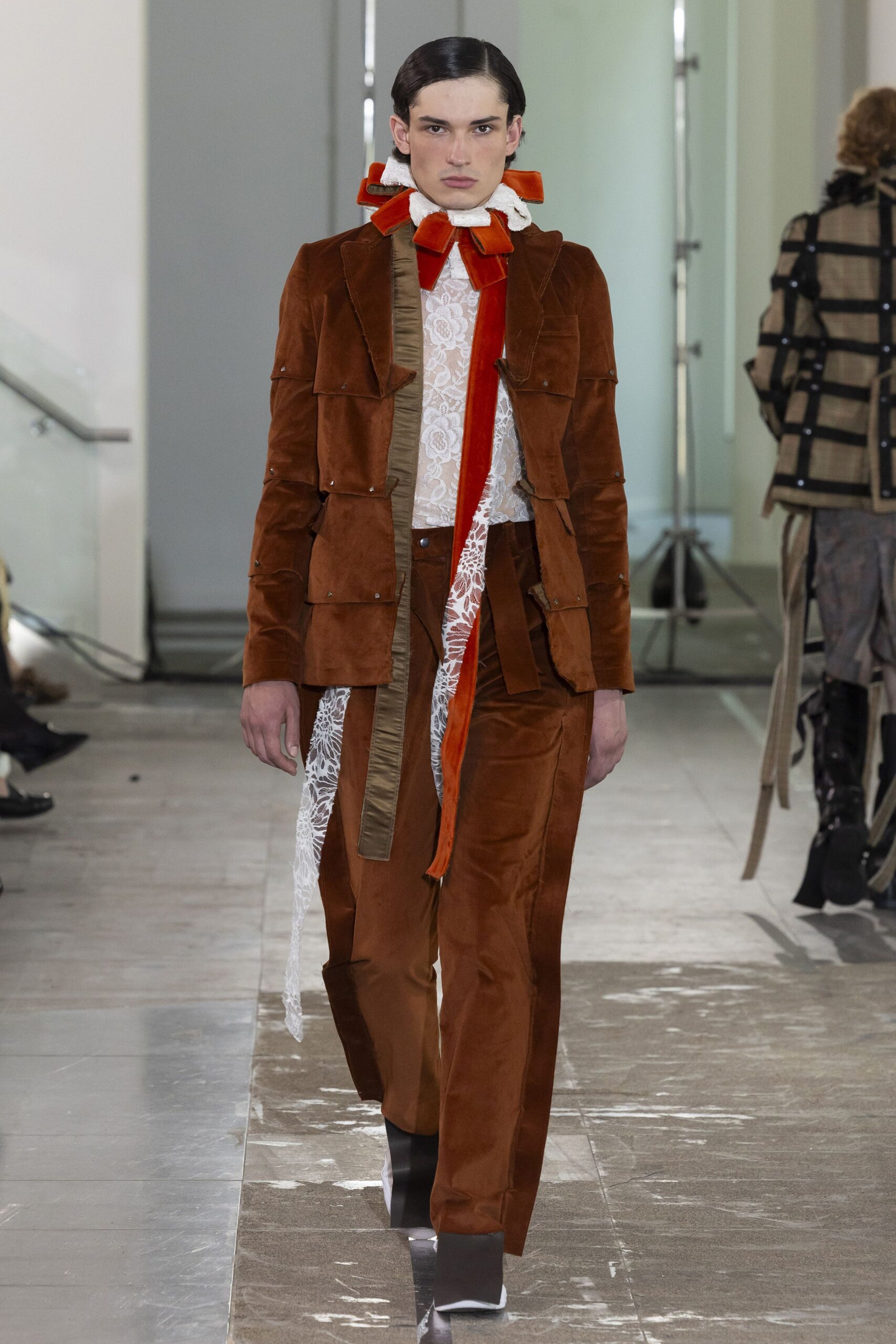 brown suede long-sleeve collared tailored zippered pockets jacket