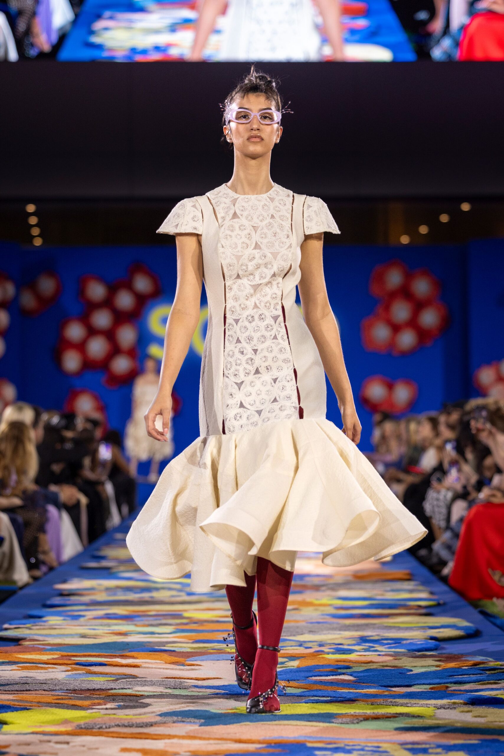 white and red pleated midi dress