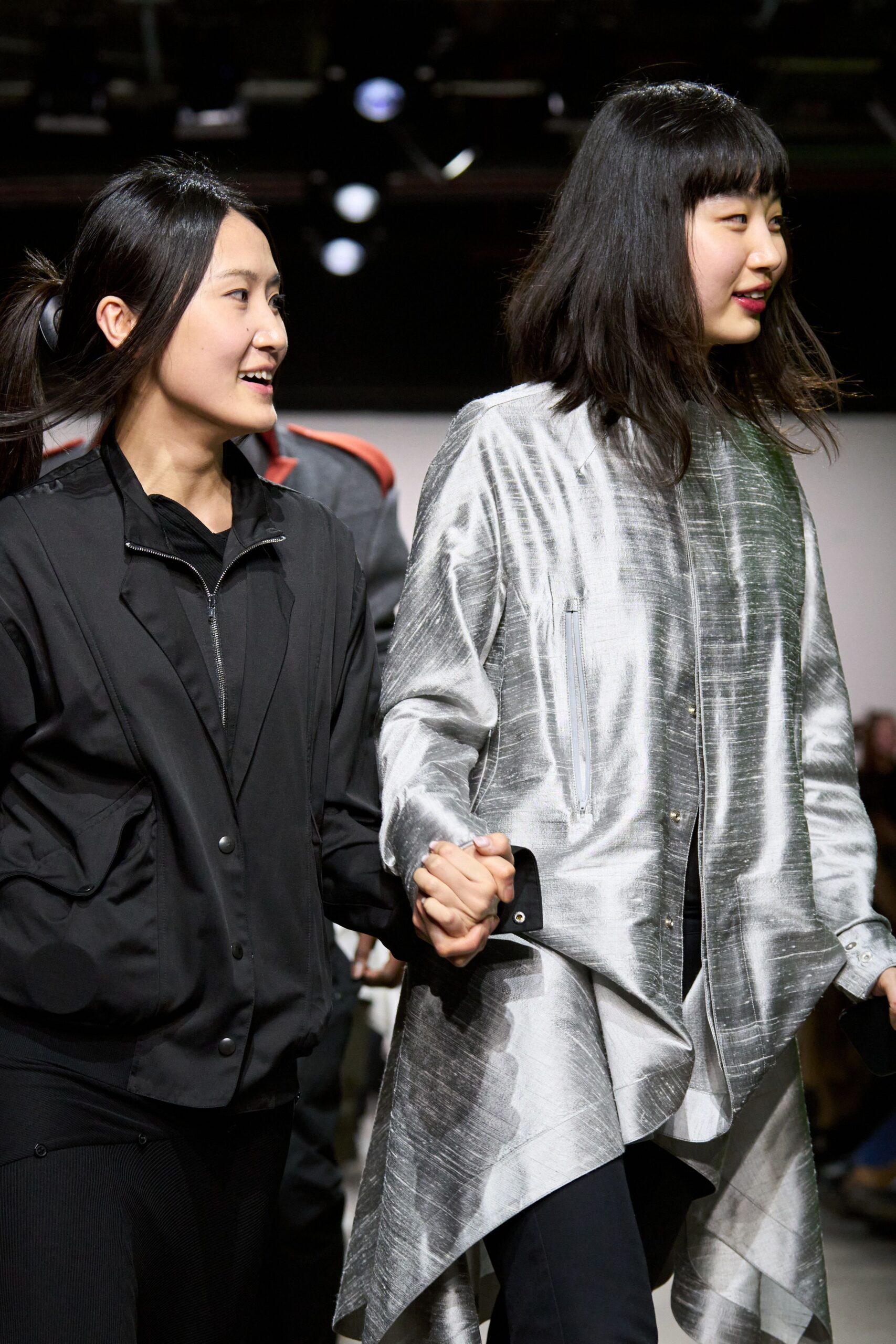 gray silk long-sleeve collared relaxed draped shiny coat