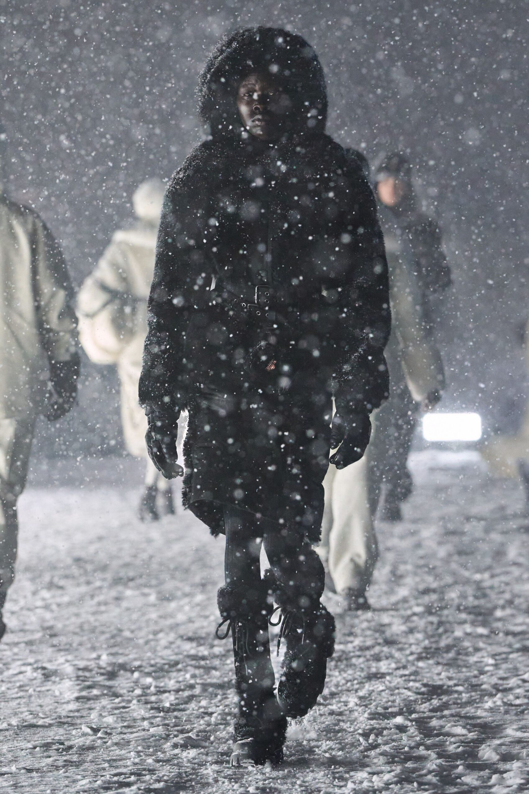 black faux-fur coat with pants