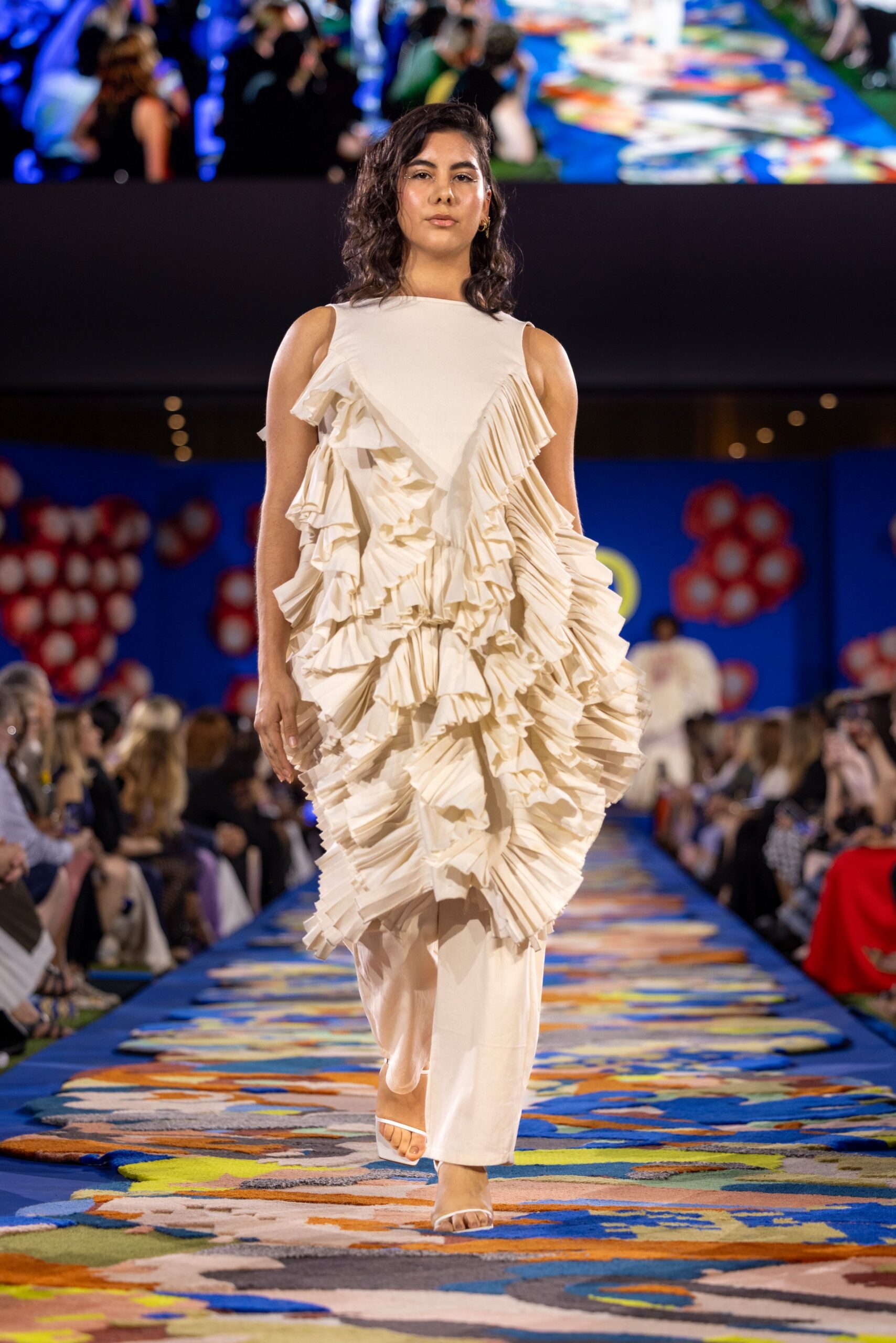 white ruffled midi dress with beige shoes