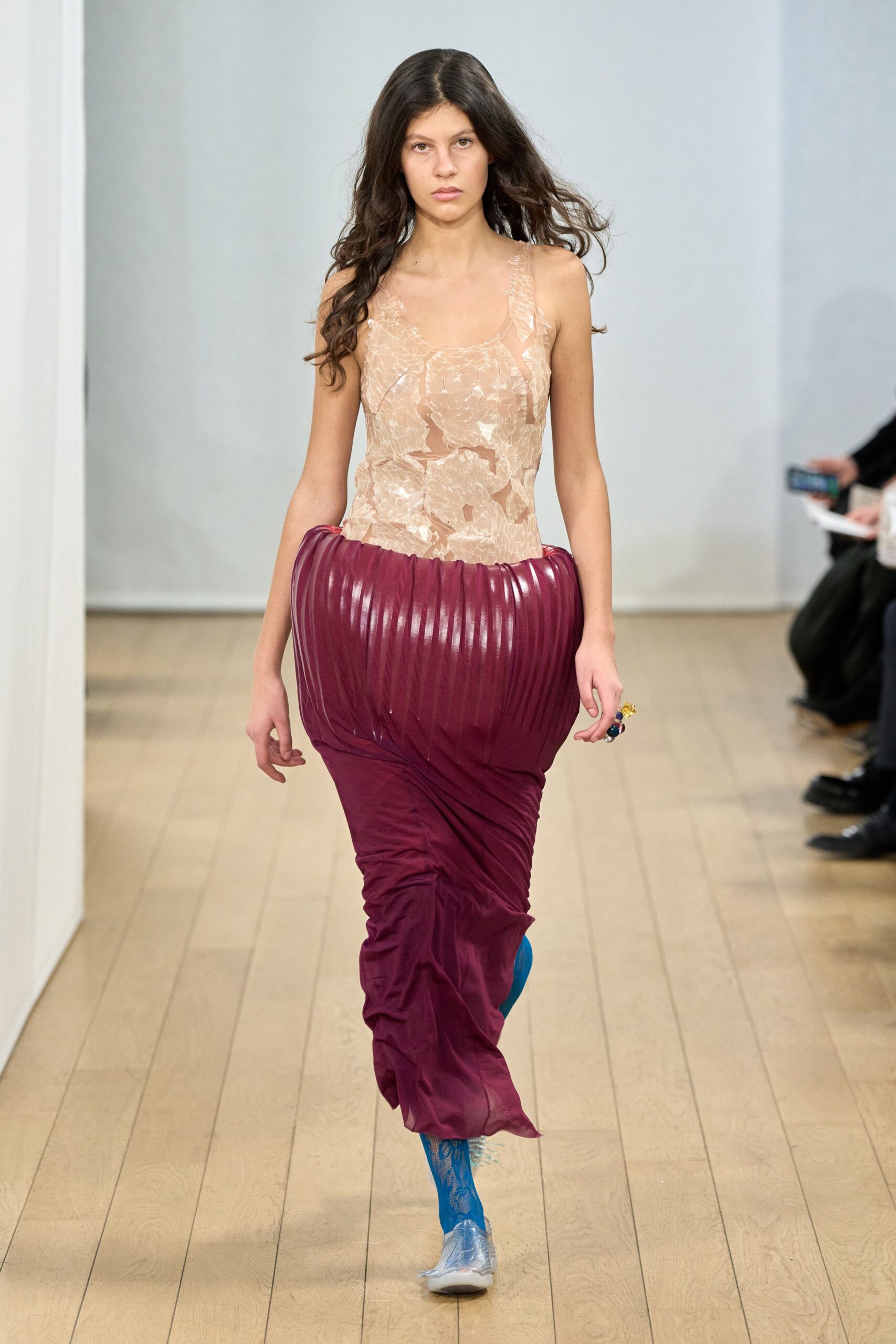 beige lace top maroon pleated skirt
