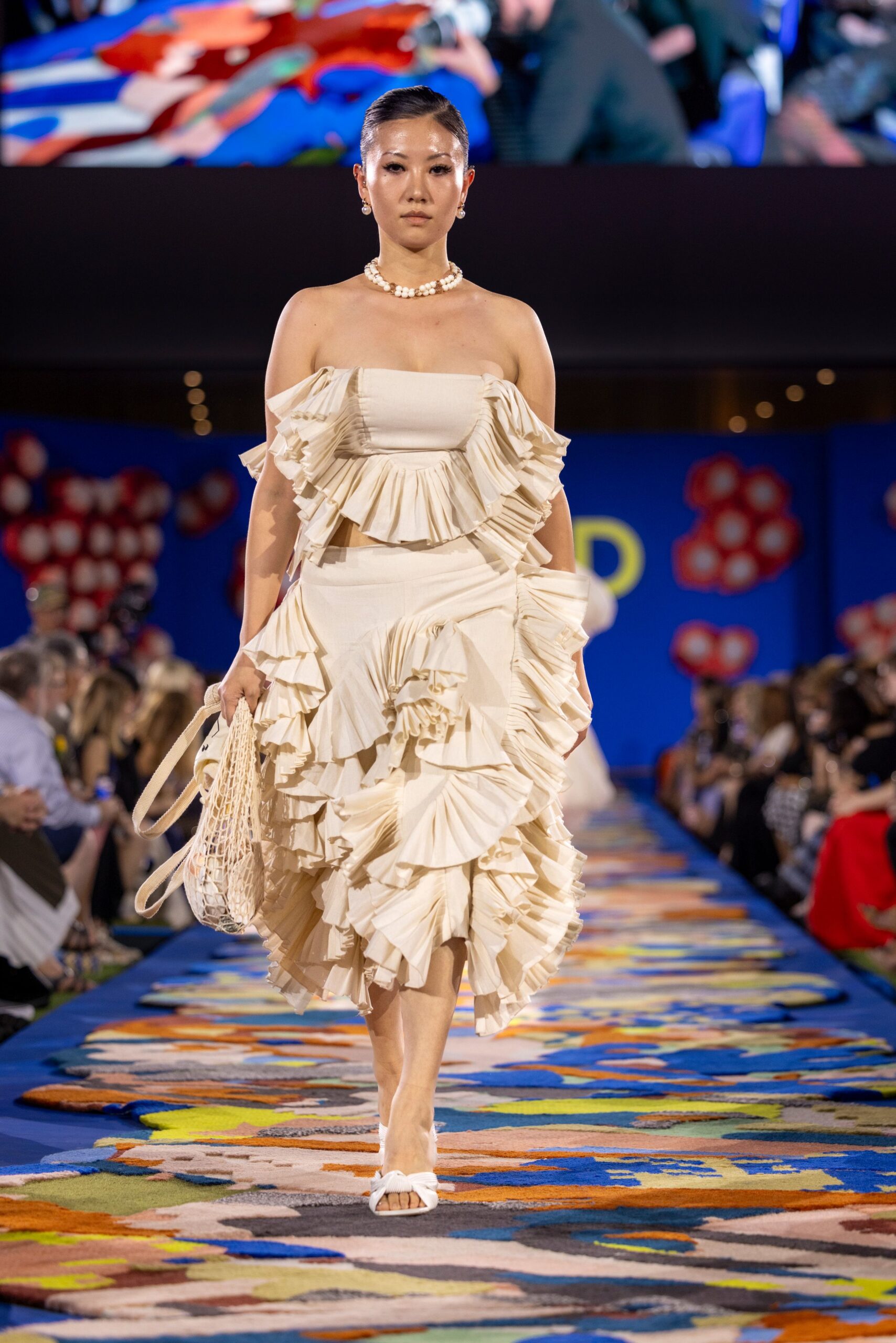 beige ruffled midi dress