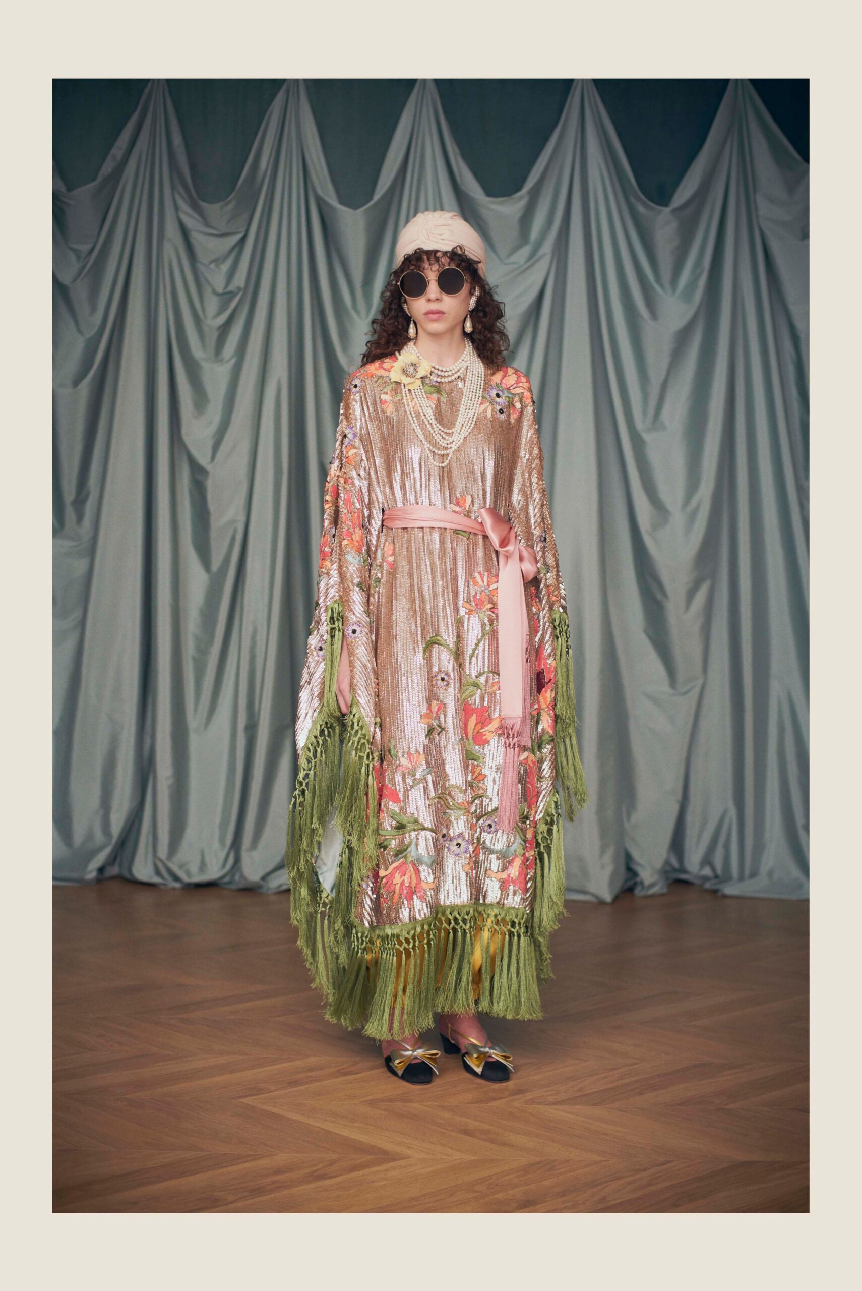 gold sequin long-sleeve collared relaxed embroidered fringed dress