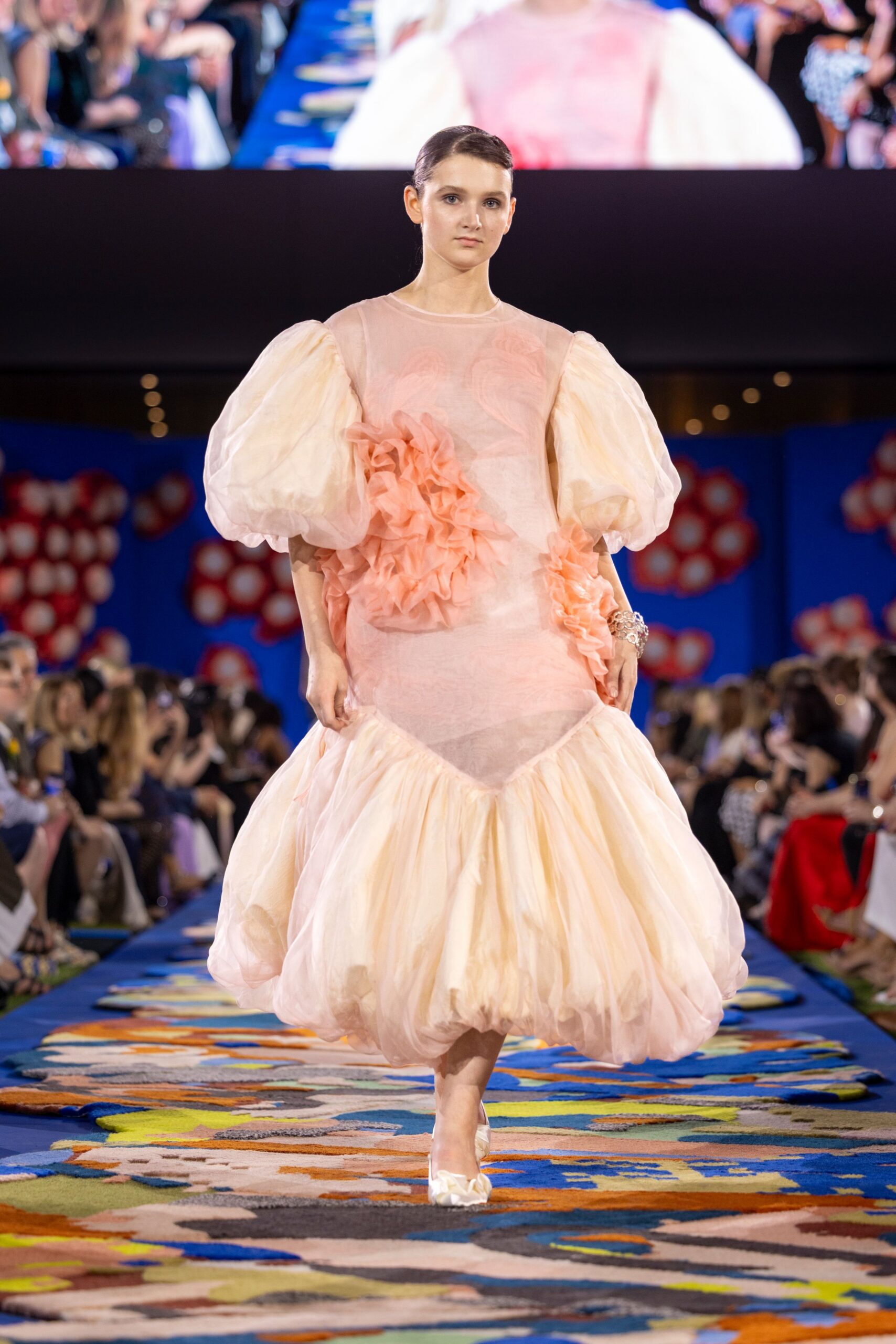 pink beige ruffled midi dress