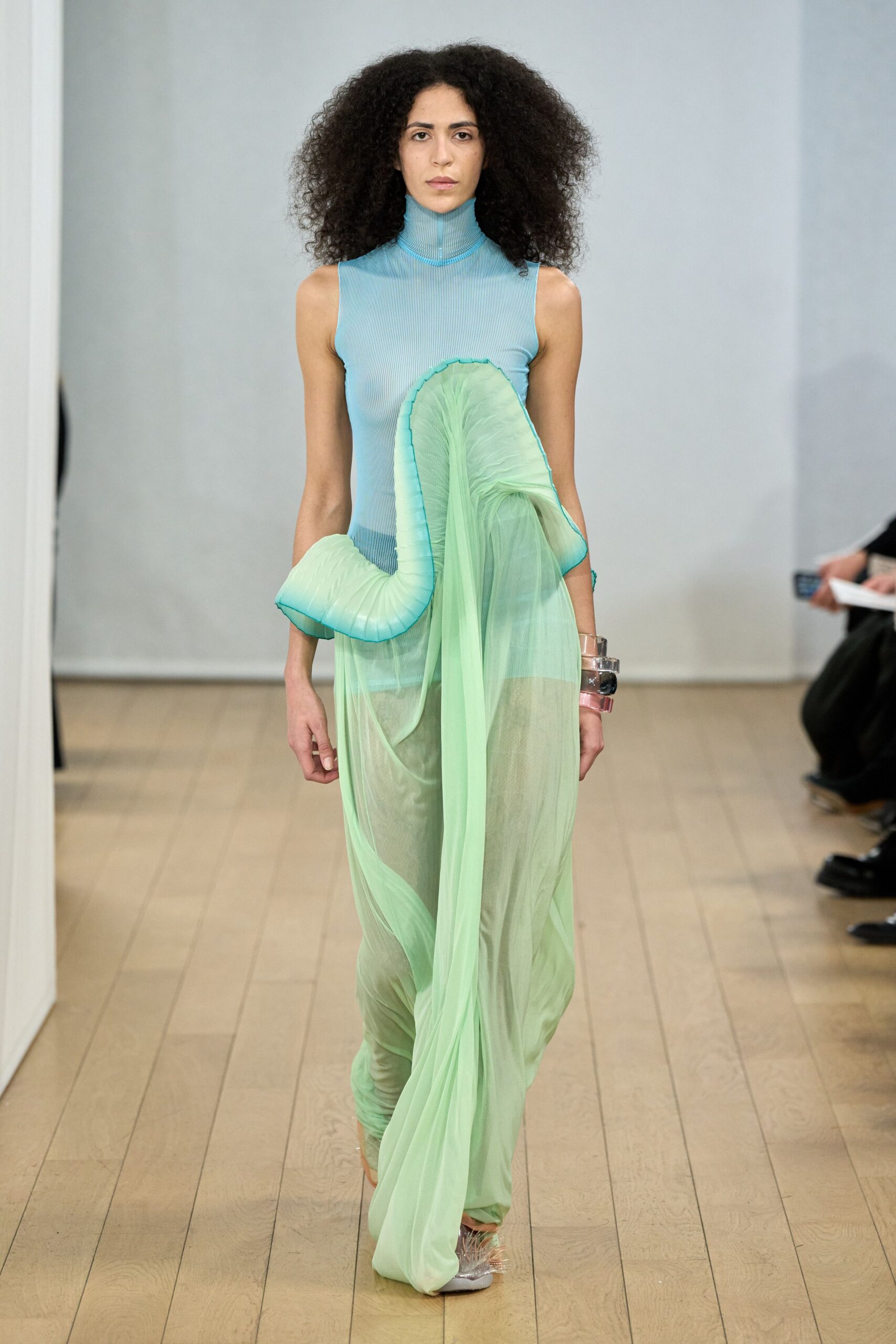 blue green draped midi dress