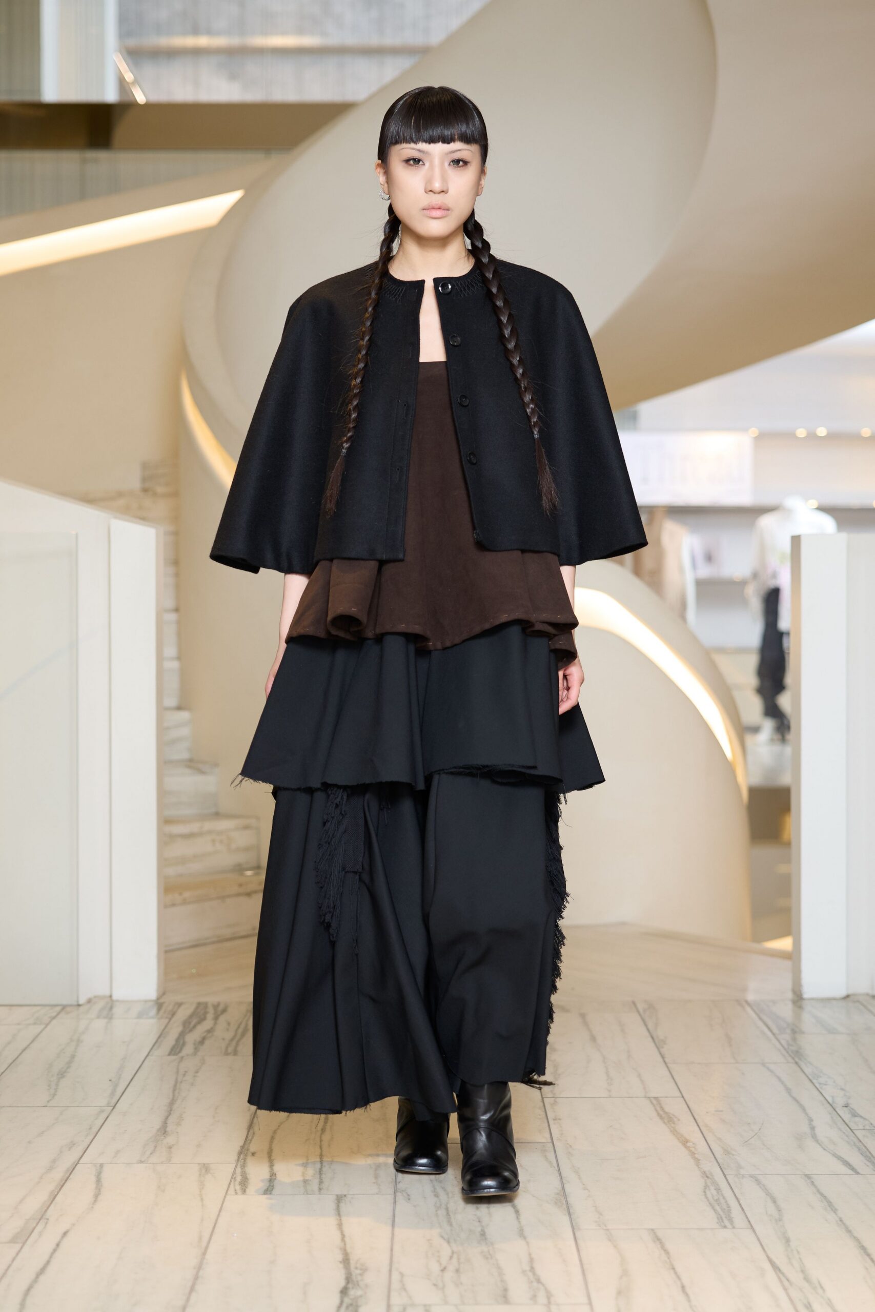 black wool long-sleeve collared relaxed buttoned cape