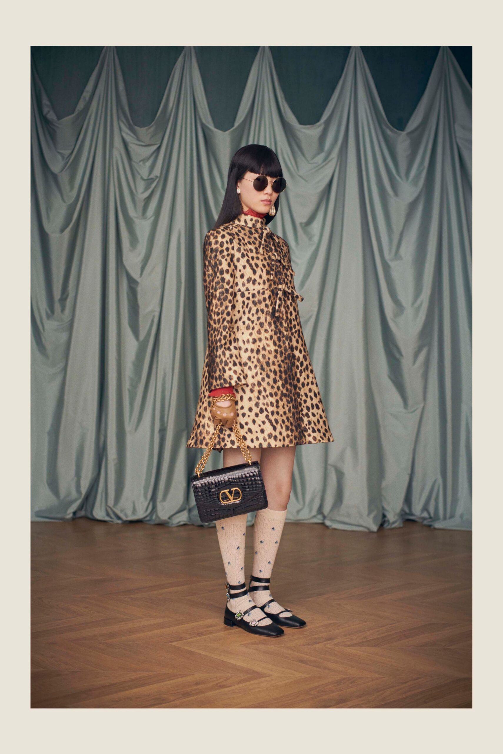 brown silk long-sleeve collared fitted animal-print flared dress