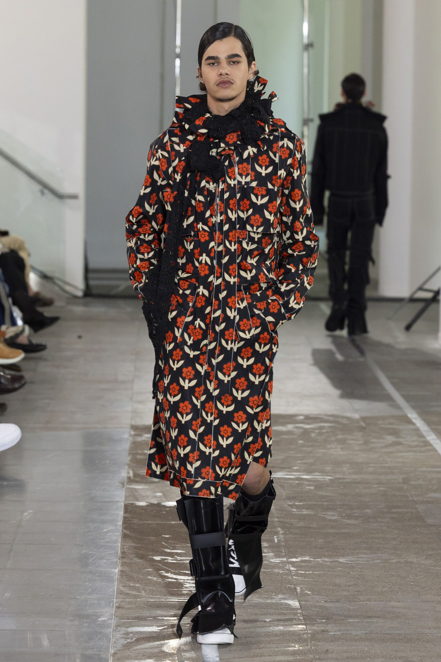 floral black coat with scarf and boots