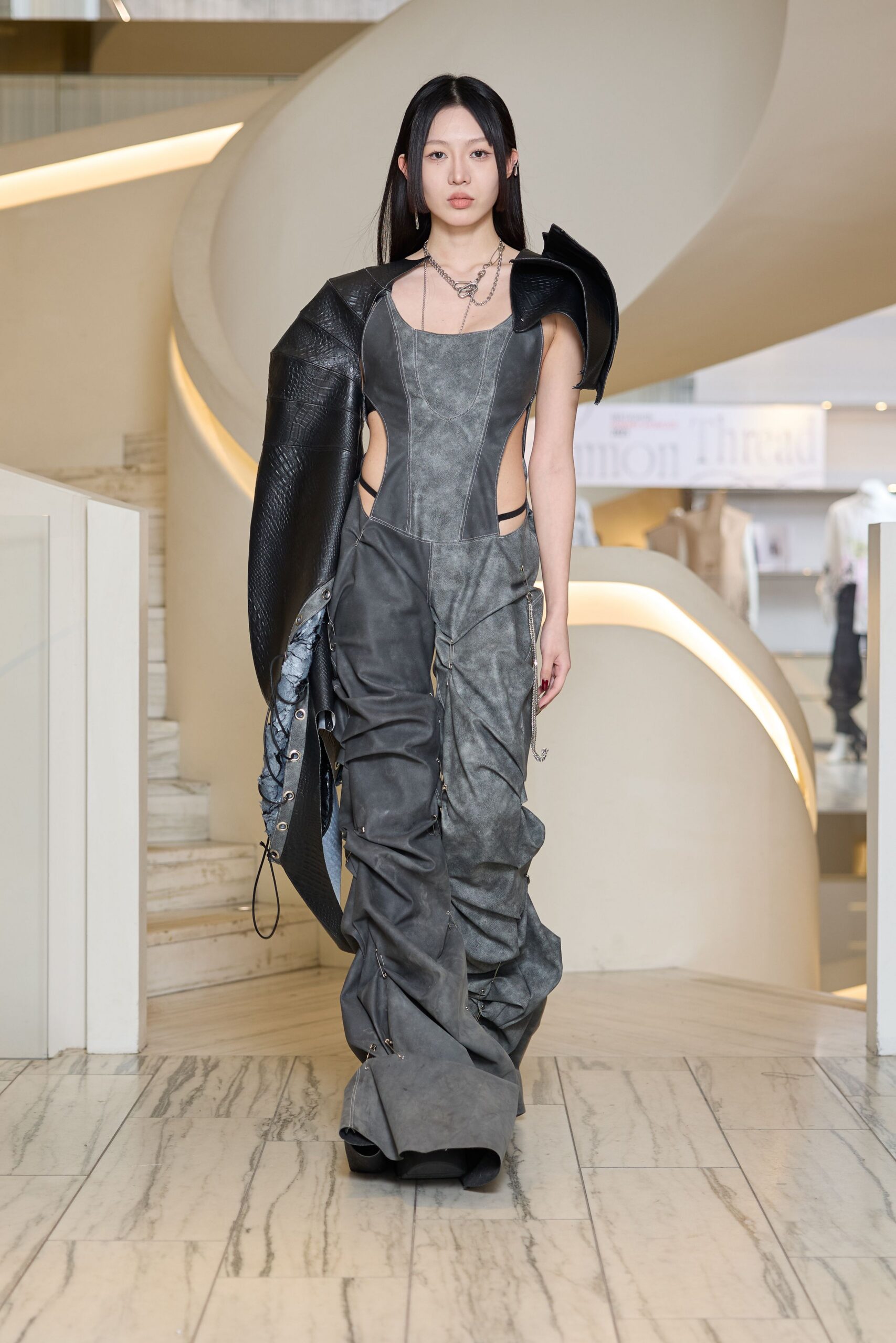 gray leather sleeveless v-neck fitted zippered maxi dress