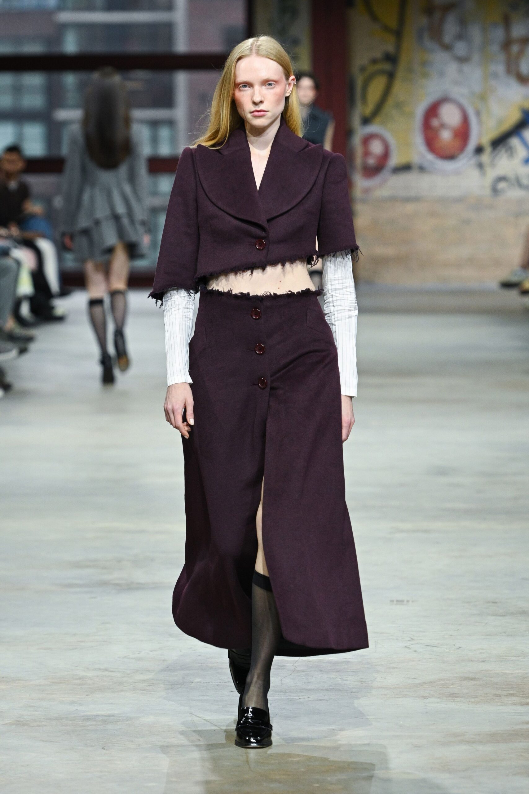purple wool long-sleeve collared fitted buttoned midi skirt