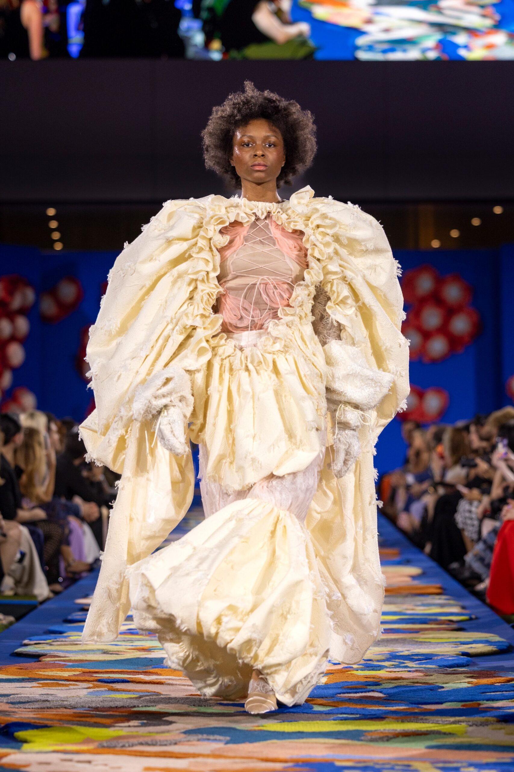 white ruffled silk gown