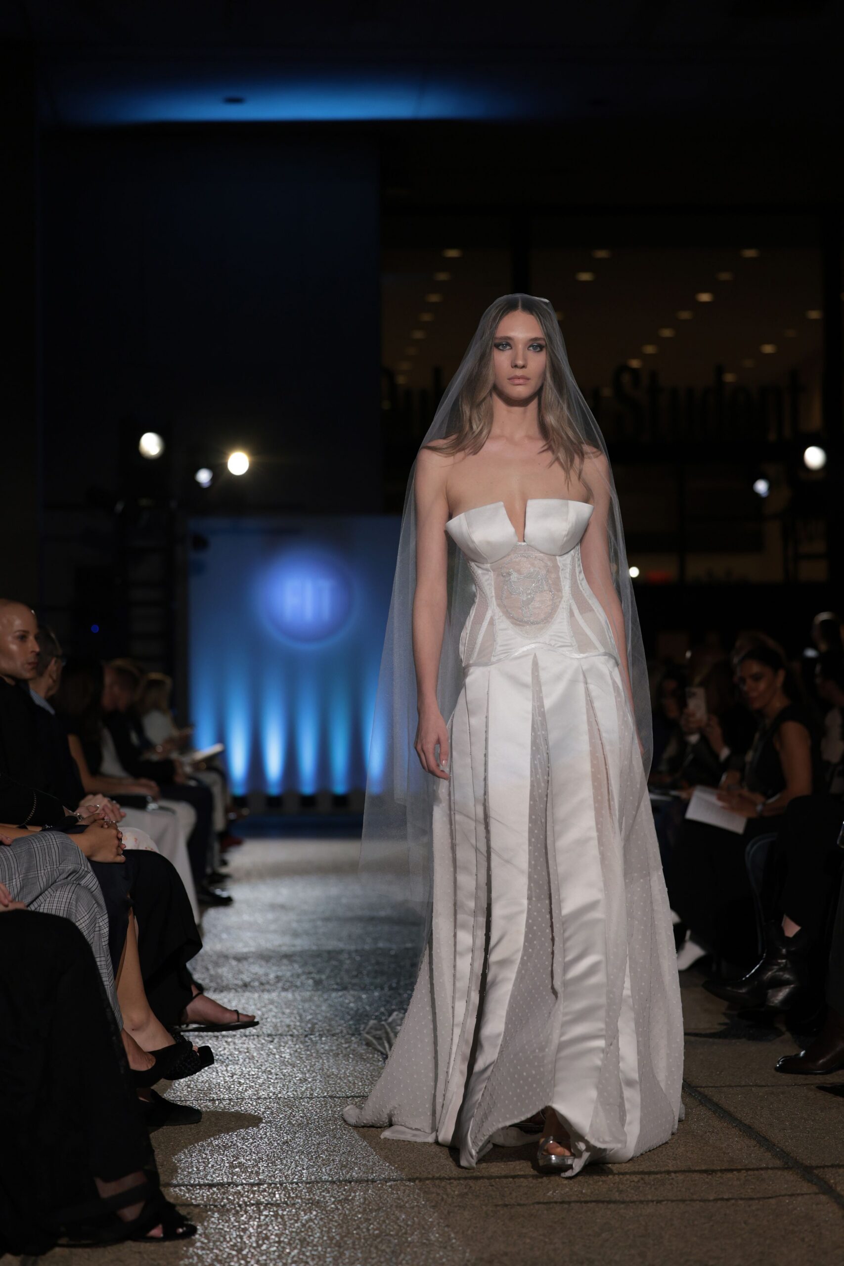 white silk strapless v-neck fitted pleated sheer gown