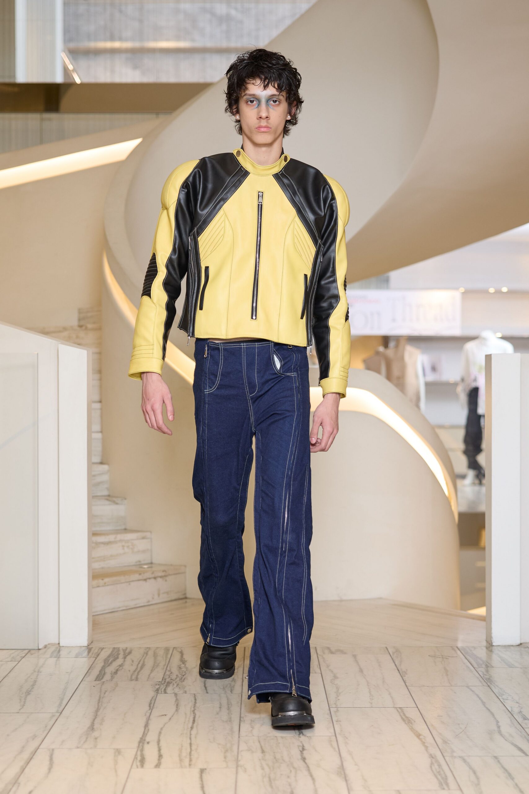 yellow leather long-sleeve collared fitted zippered jacket