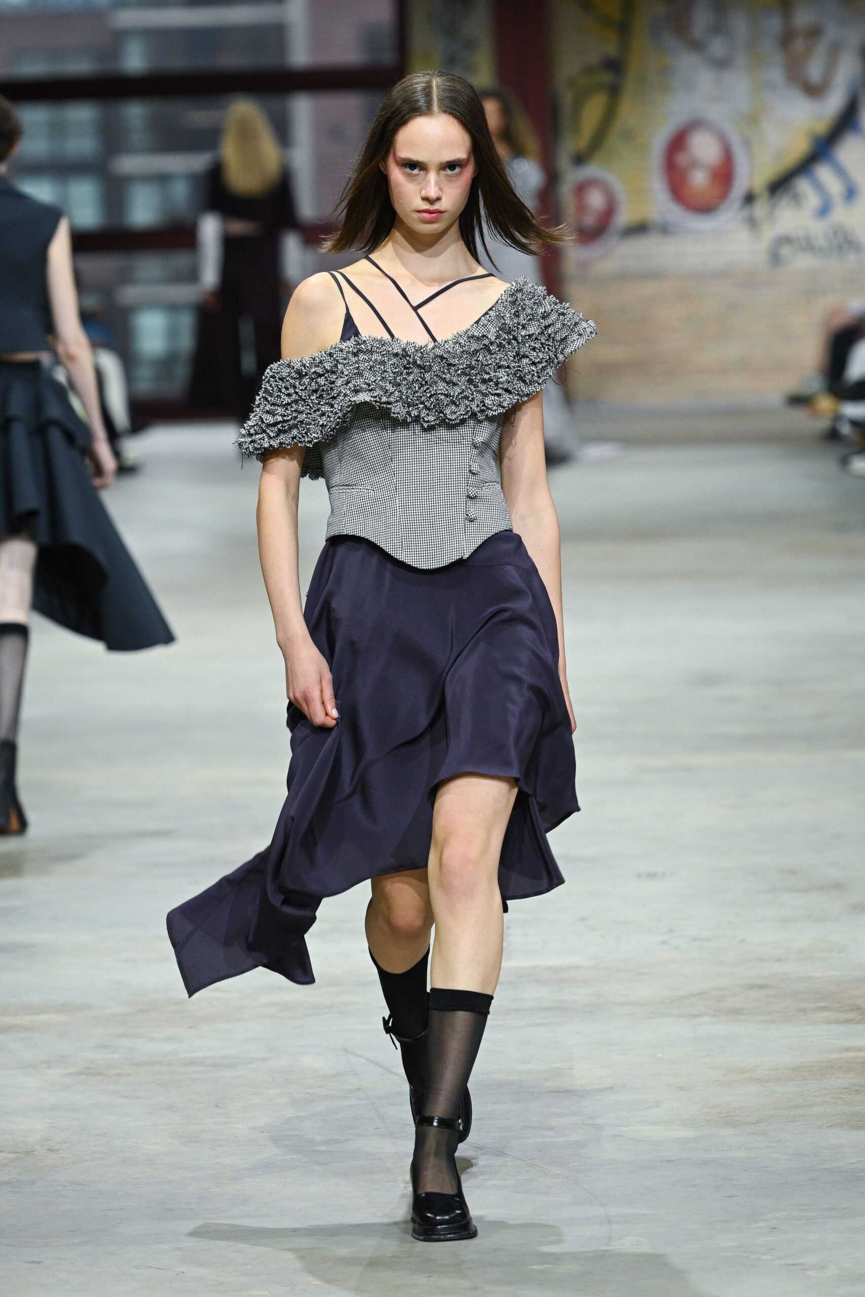 gray cotton sleeveless off-shoulder fitted ruffled layered dress