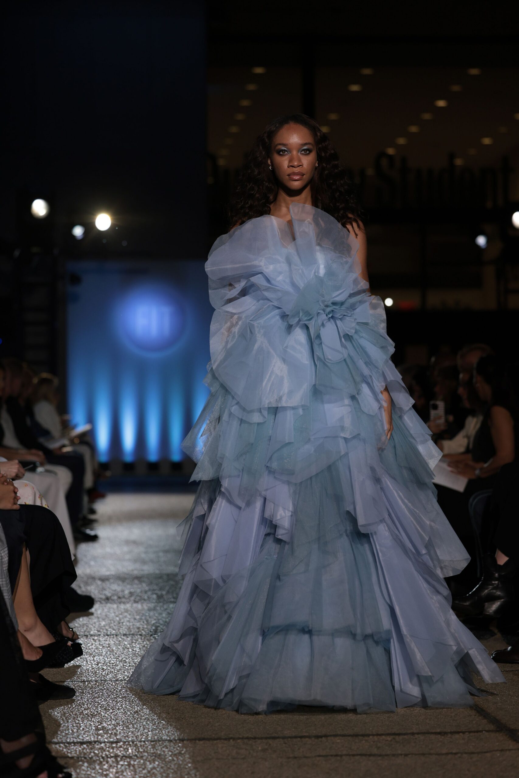 blue tulle ruffled gown