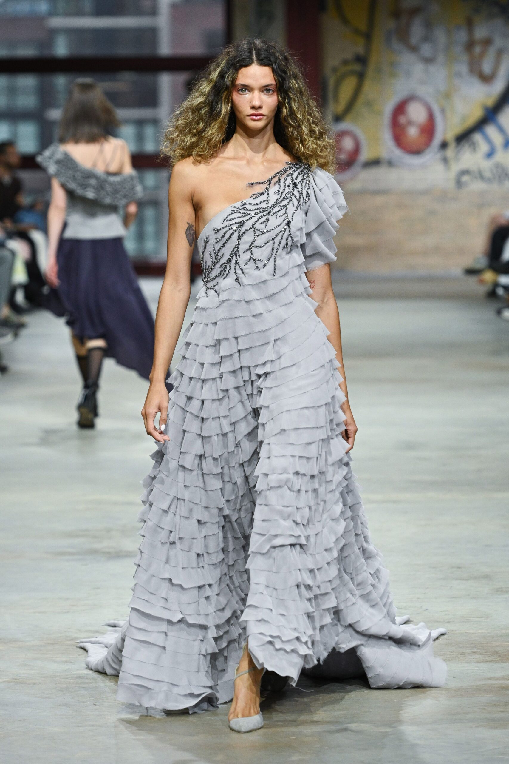 gray silk sleeveless off-shoulder fitted pleated embroidered gown