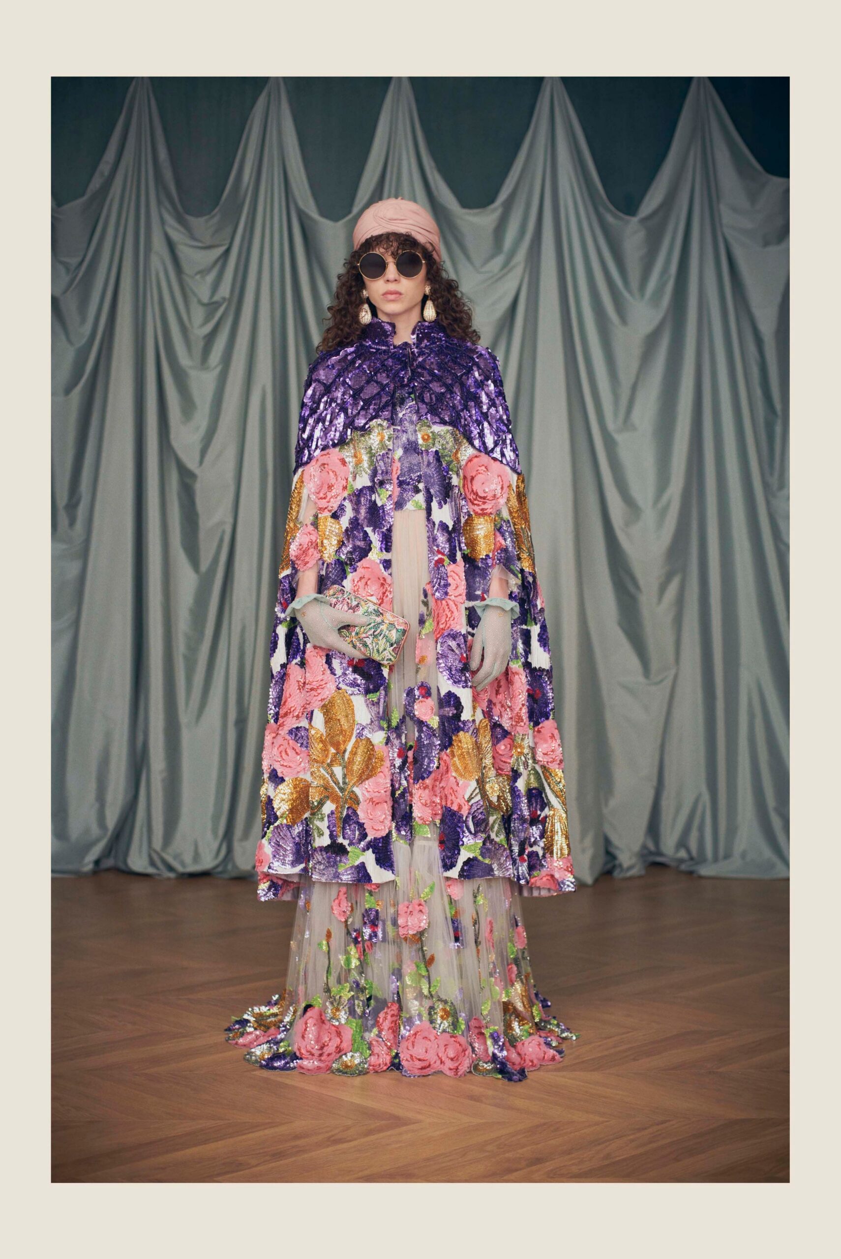 floral embroidered cape and gown