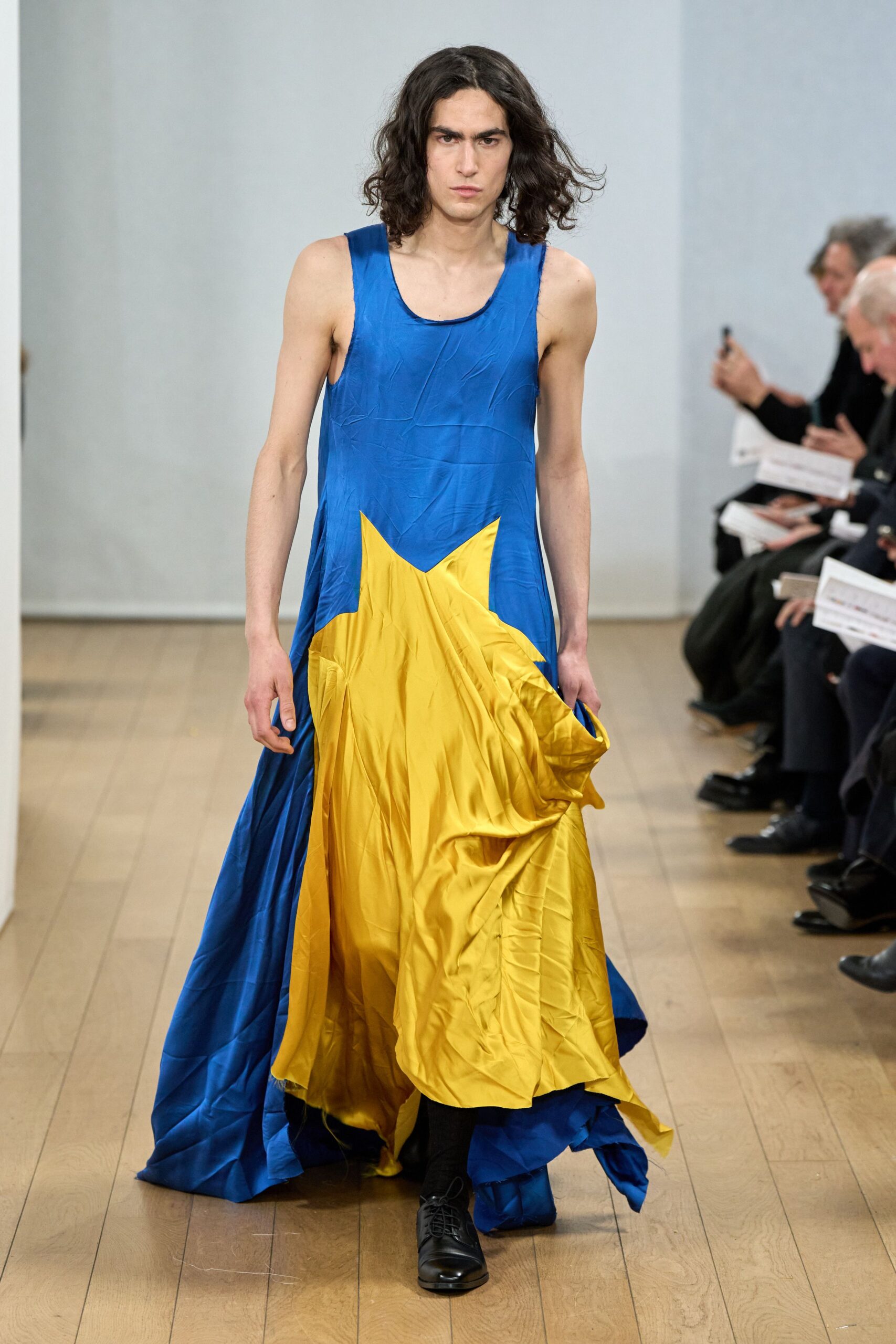 blue and yellow silk maxi dress