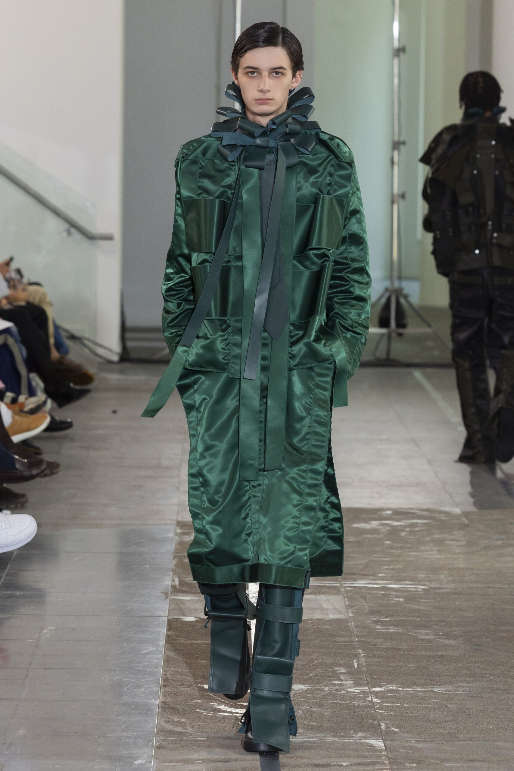 green satin long-sleeve collared relaxed draped belted coat