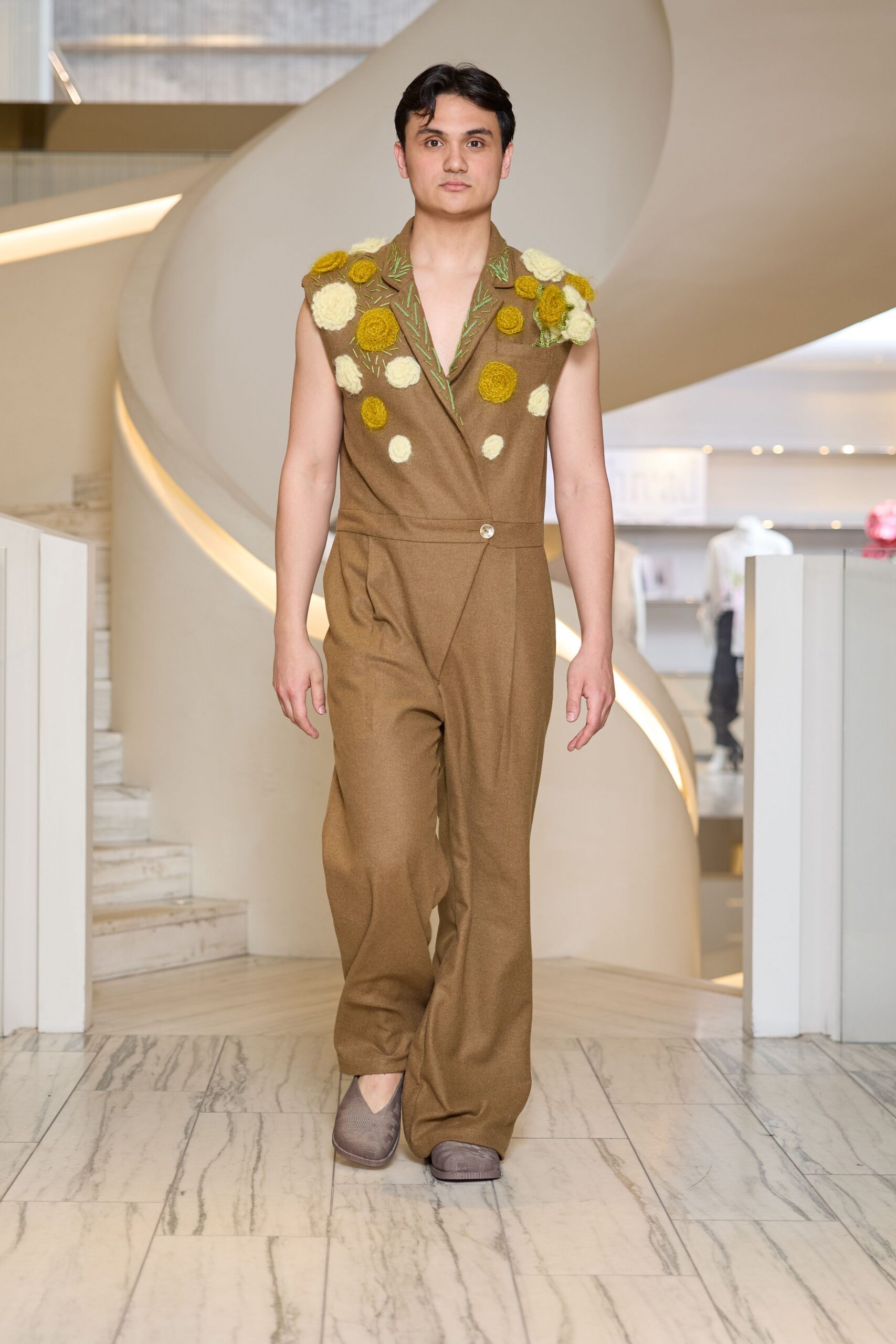 brown wool sleeveless v-neck fitted embroidered jumpsuit