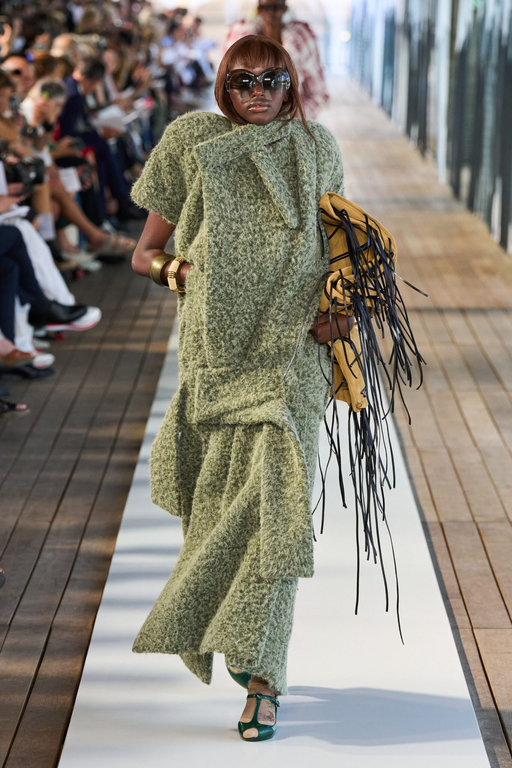 green wool short-sleeve high-neck relaxed draped maxi dress