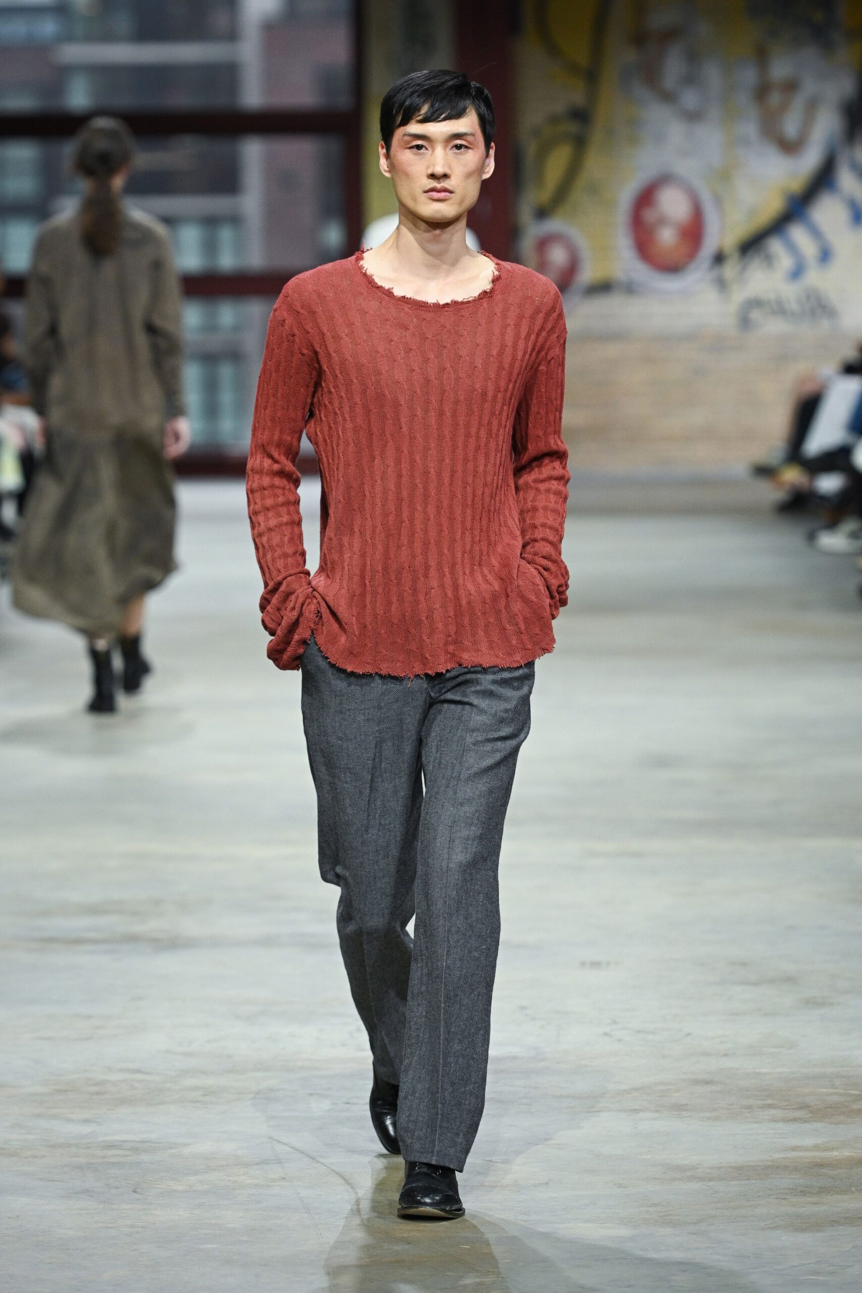 red cotton long-sleeve collared relaxed ribbed sweater
