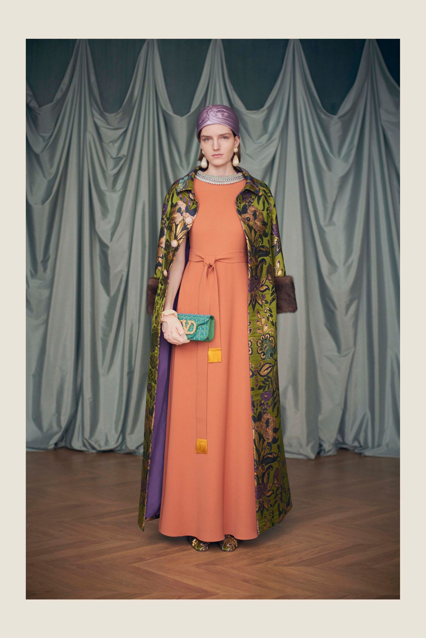 orange silk sleeveless v-neck fitted belted maxi gown