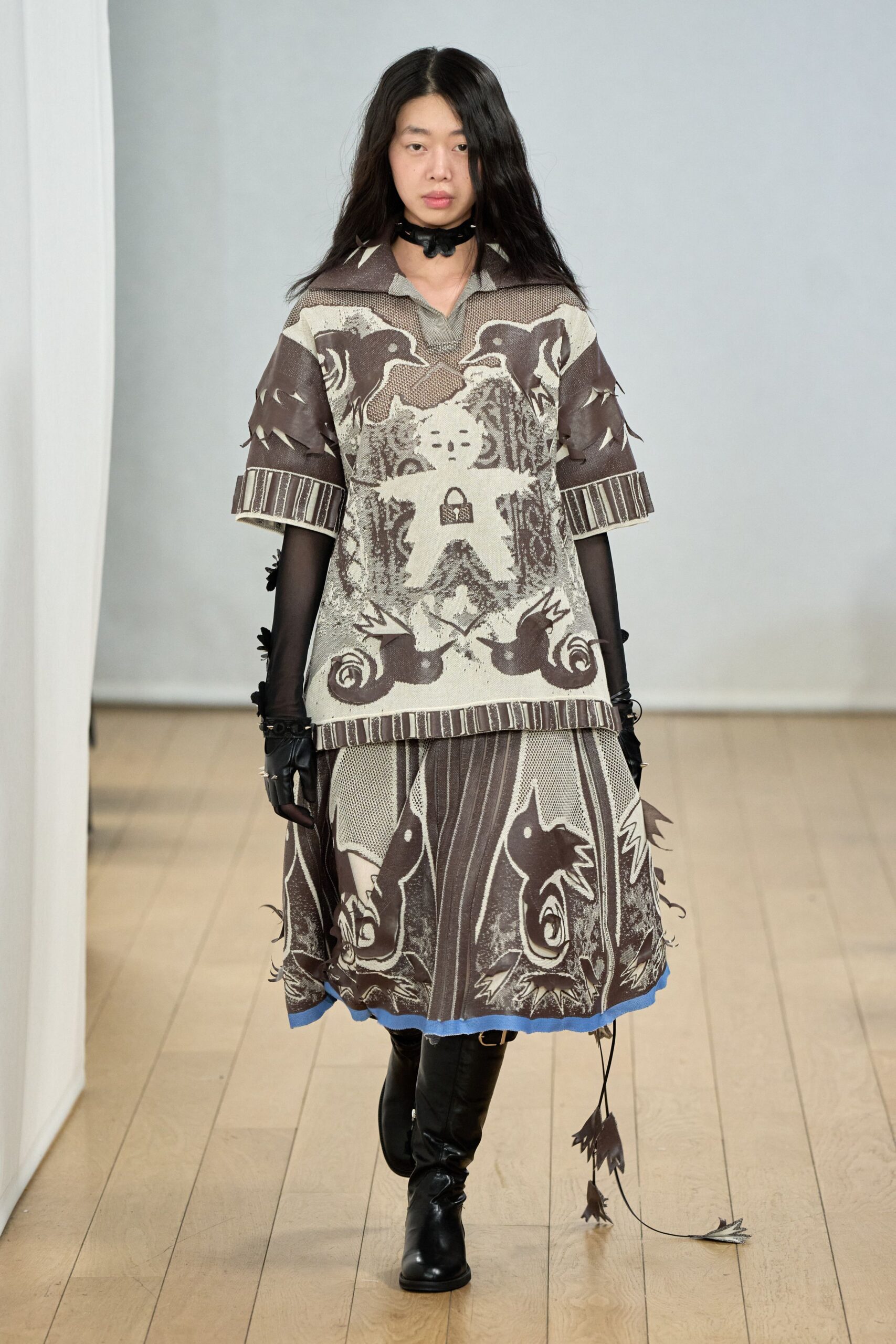 brown gray printed midi dress