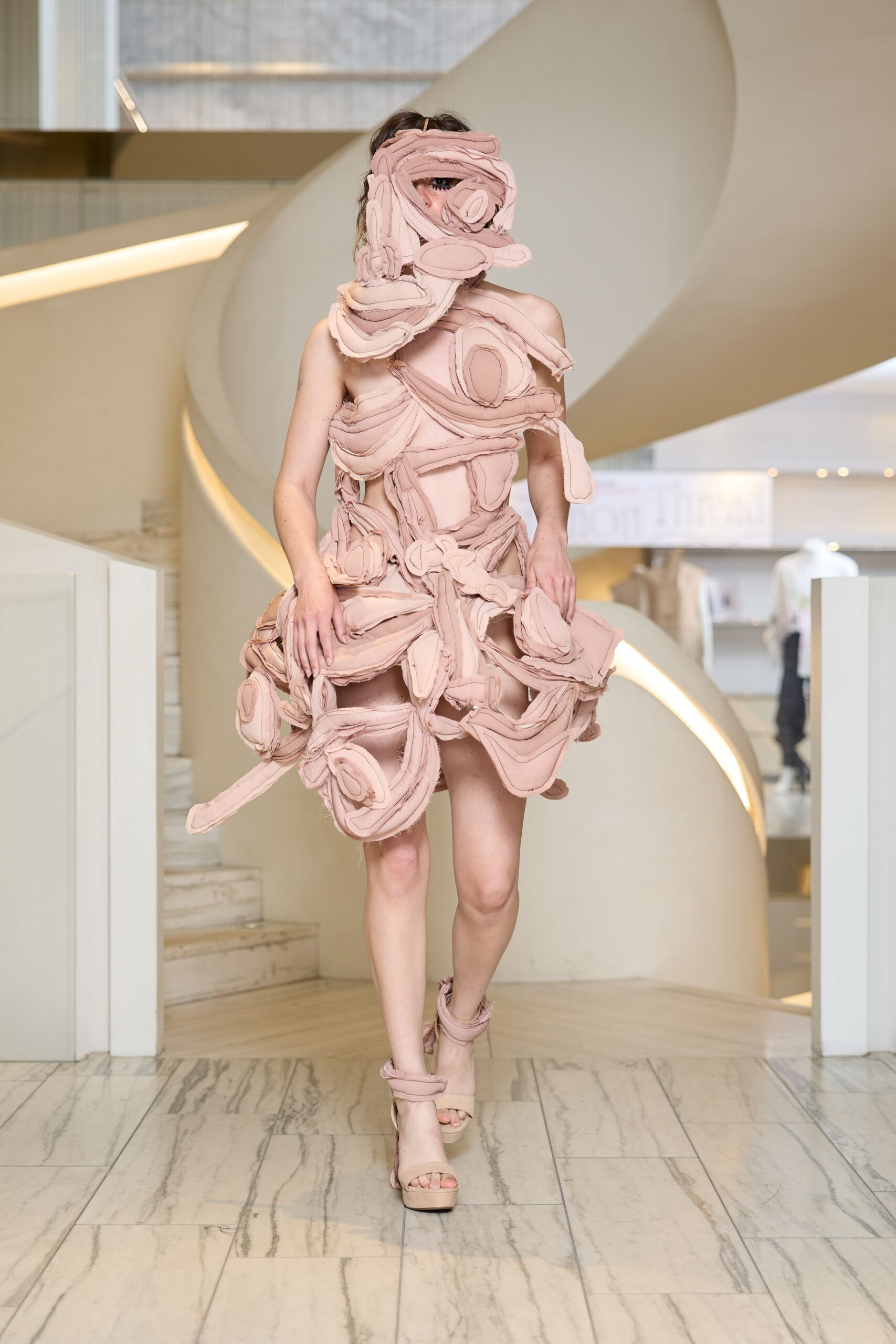pink cotton sleeveless high-neck fitted layered ruffled dress