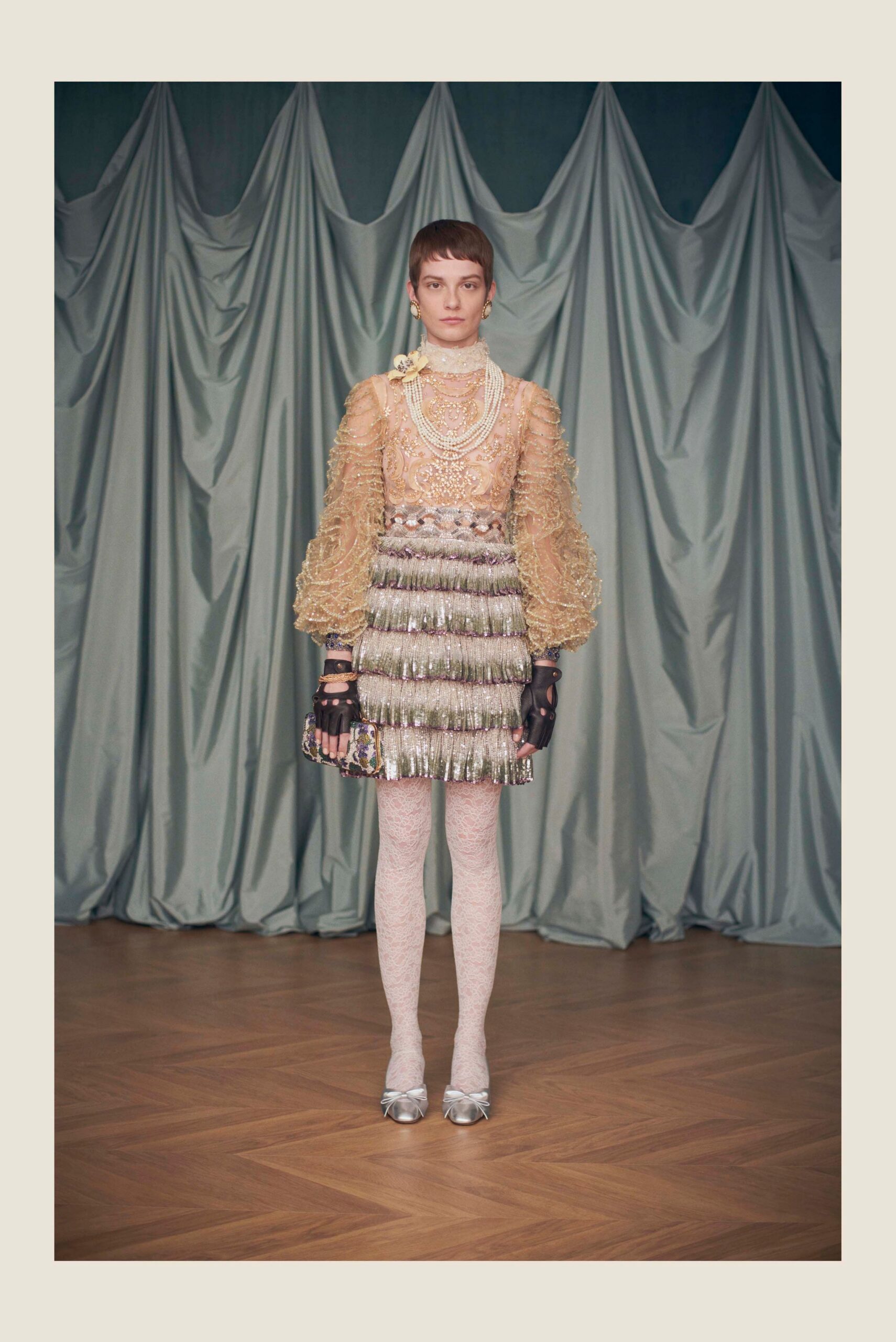 beige silk long-sleeve high-neck fitted pleated ruffled dress