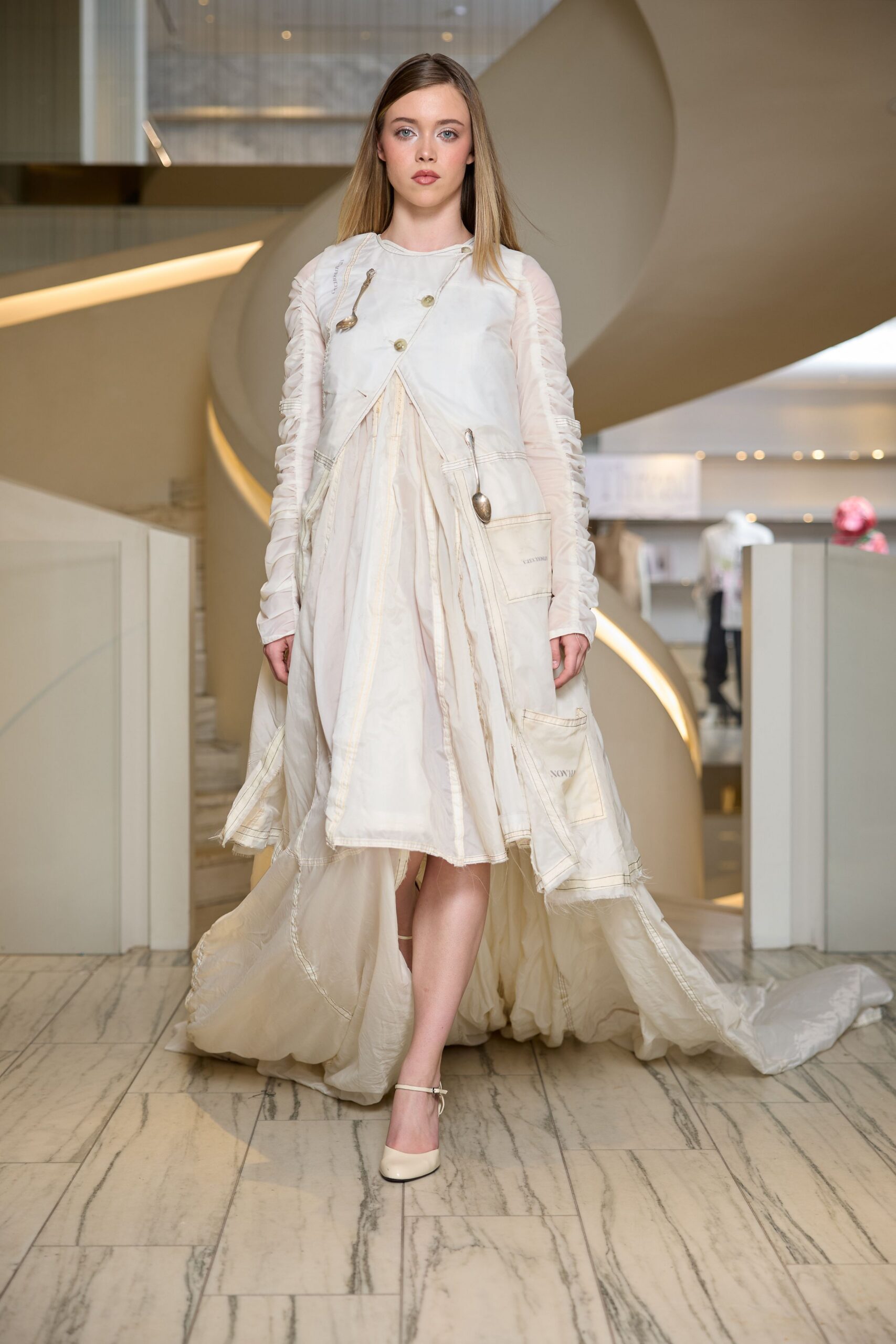 white silk long-sleeve v-neck fitted pleated layered dress