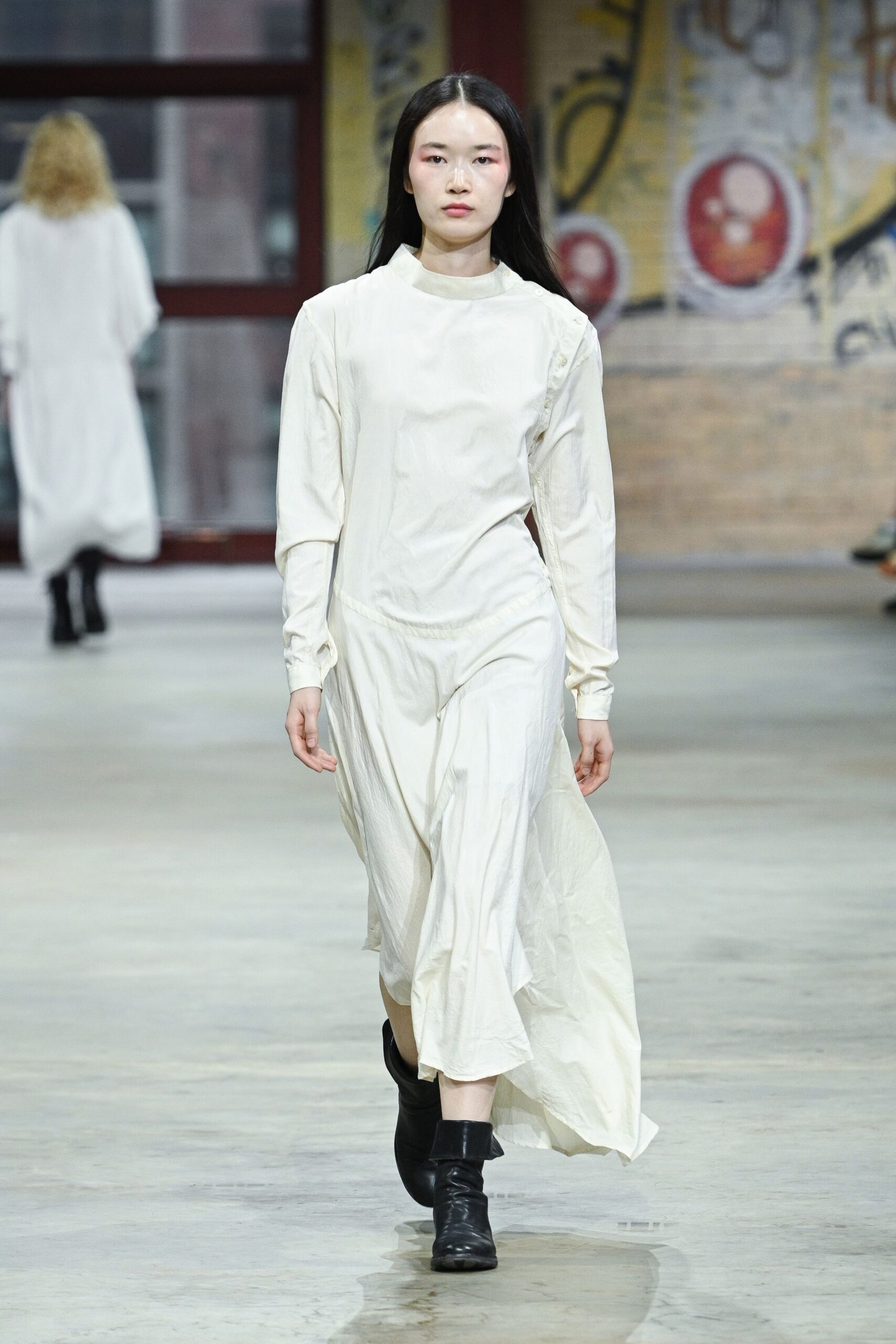 white cotton long-sleeve high-neck relaxed draped maxi dress