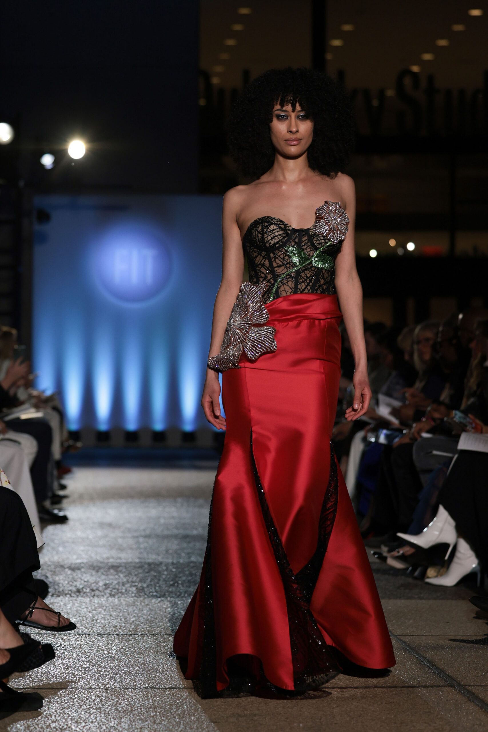 red black strapless gown