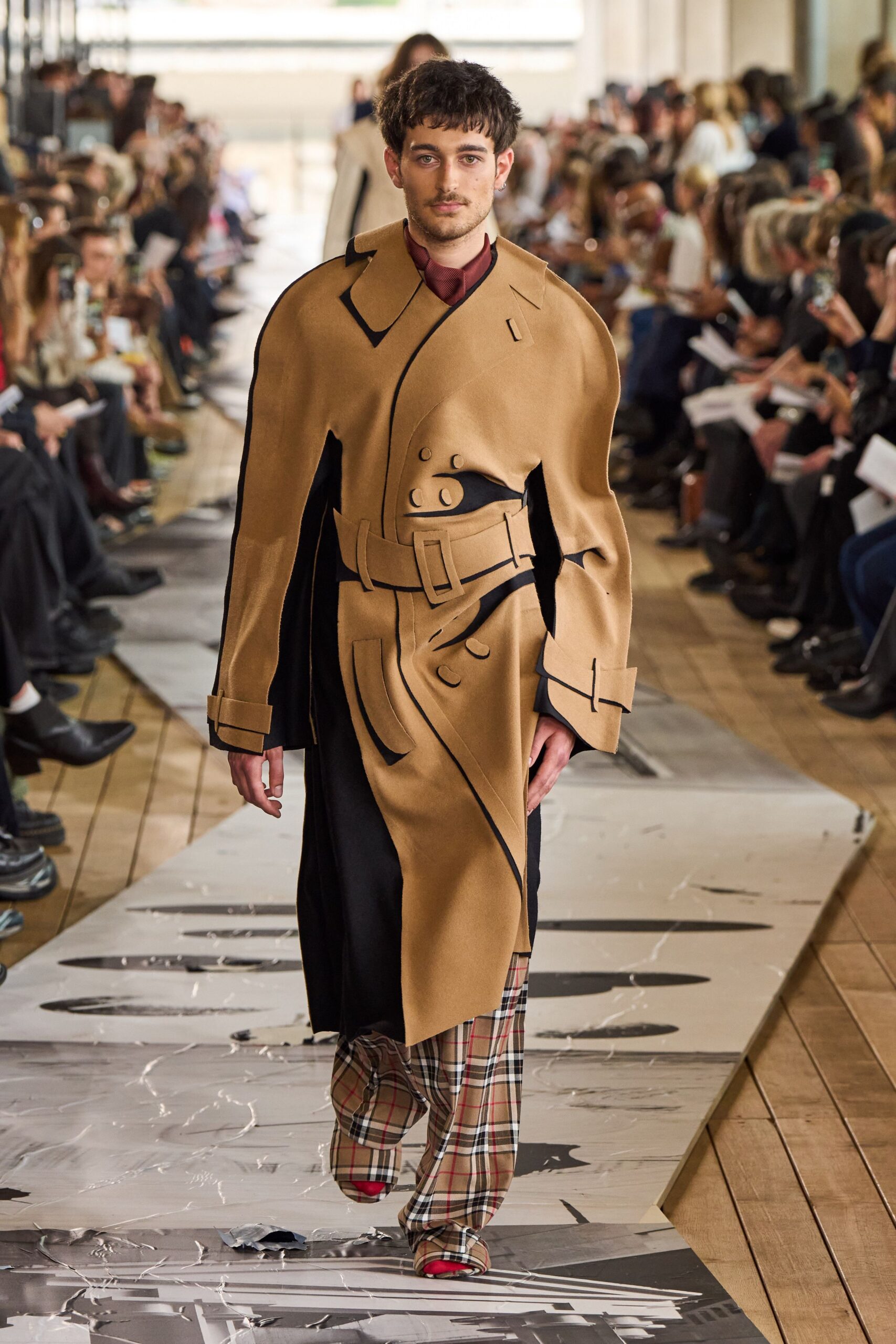 beige wool long-sleeve collared structured belted coat