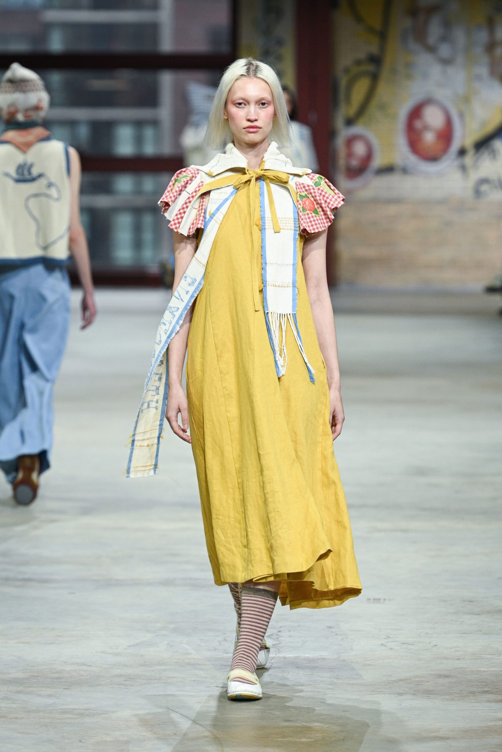 yellow cotton sleeveless high-neck relaxed draped midi dress