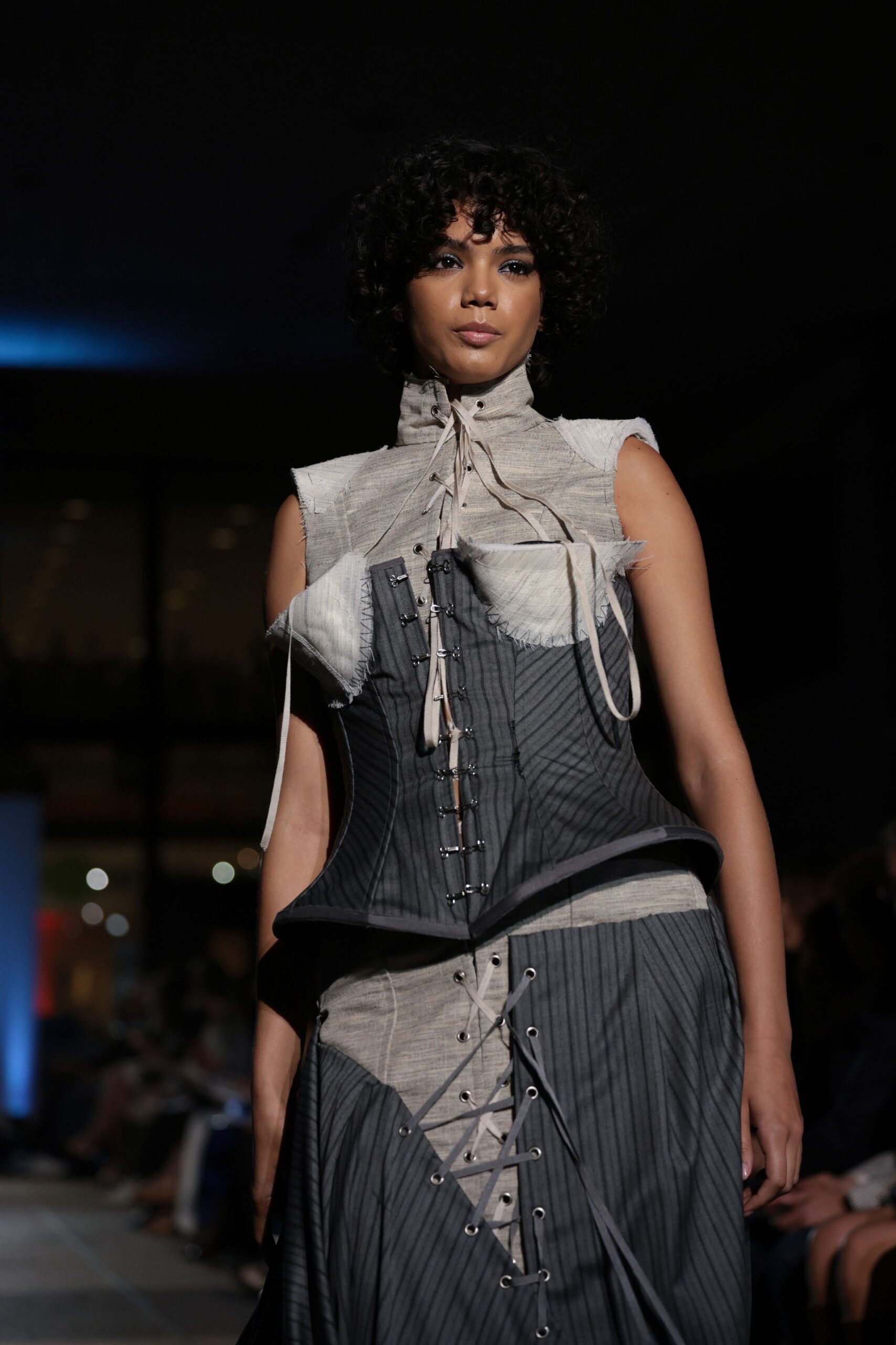 gray and beige fitted dress