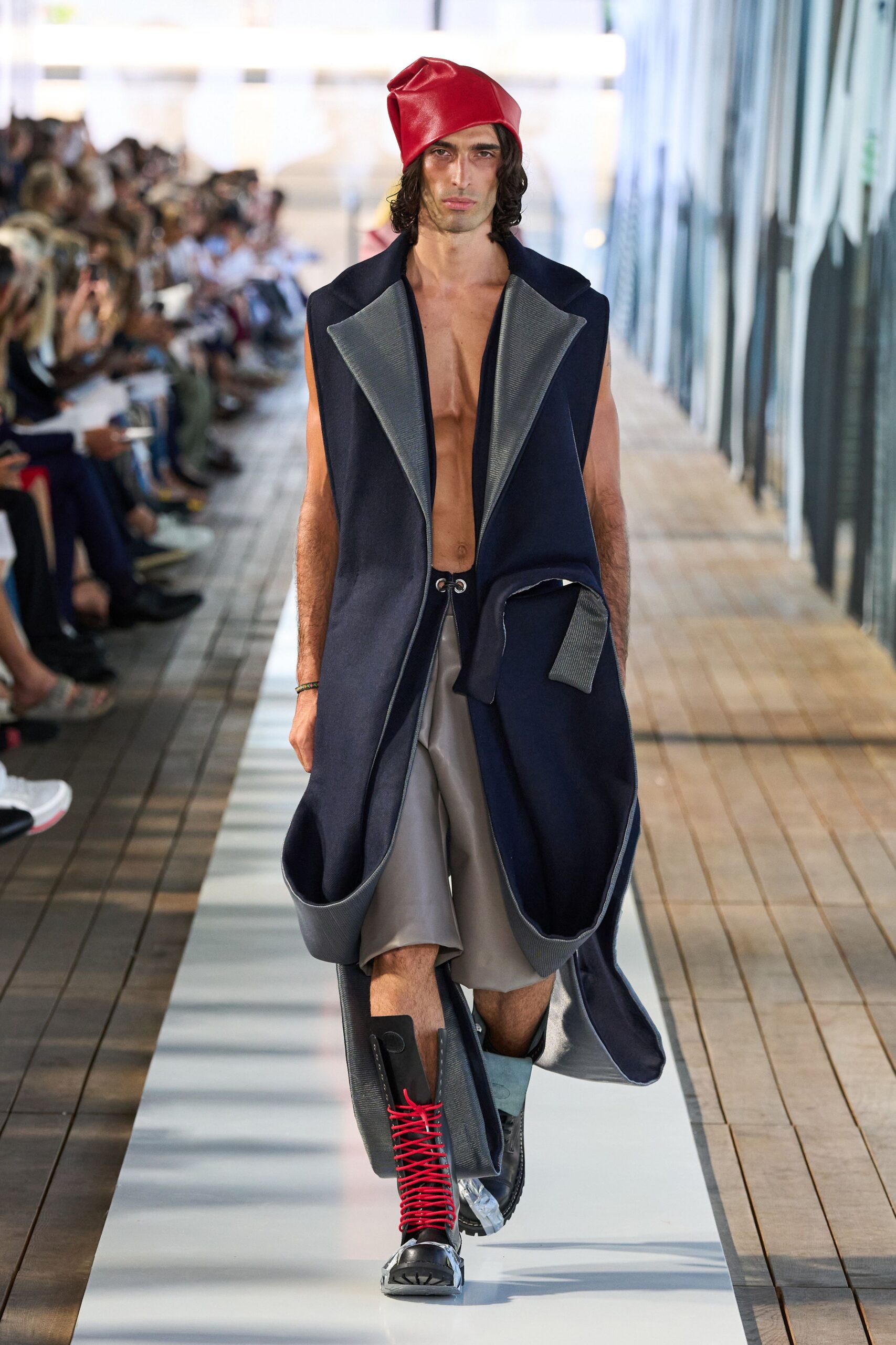 blue wool sleeveless collared relaxed layered coat