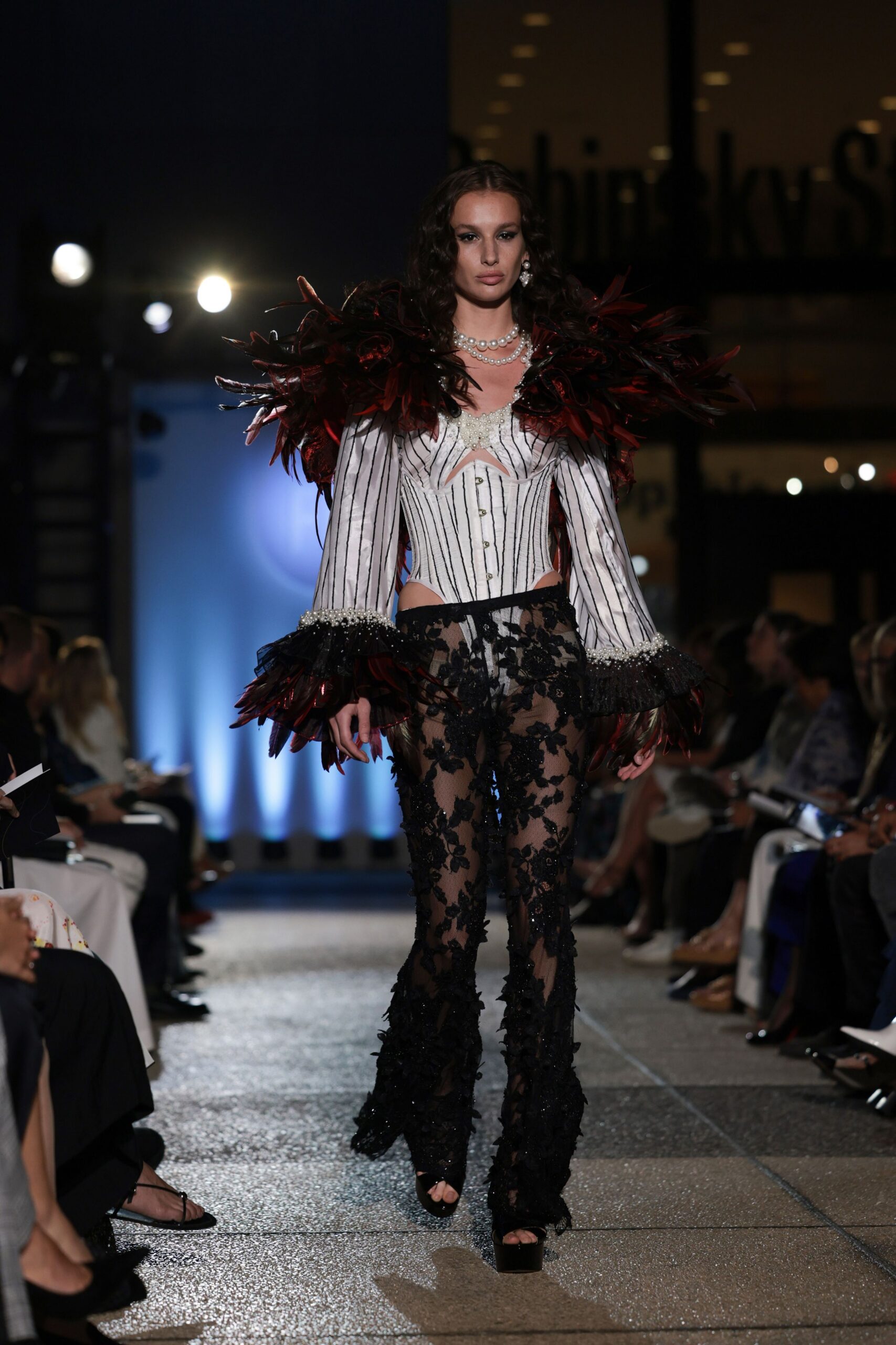 black lace fitted flared sheer pants