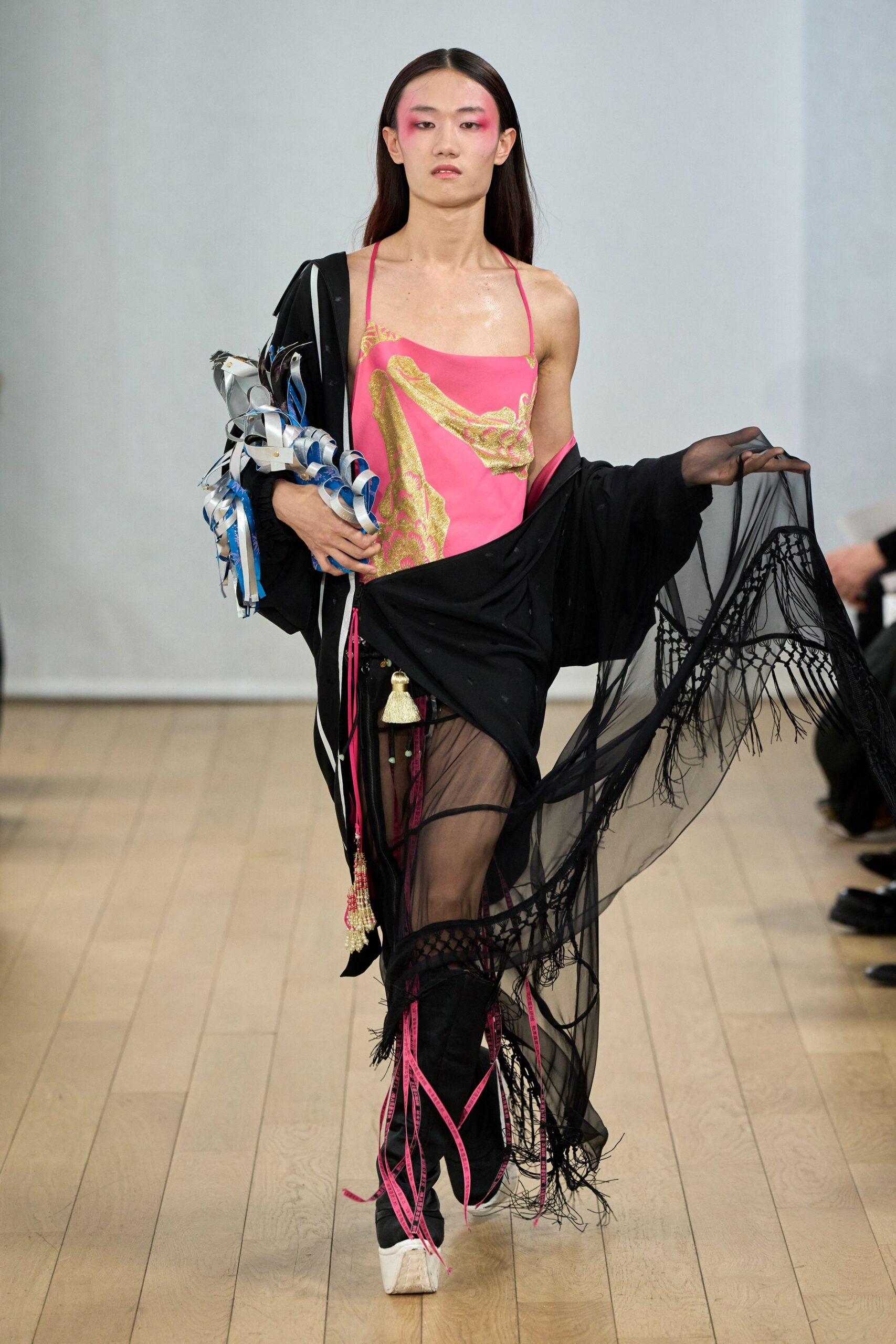 pink black fringed dress with coat