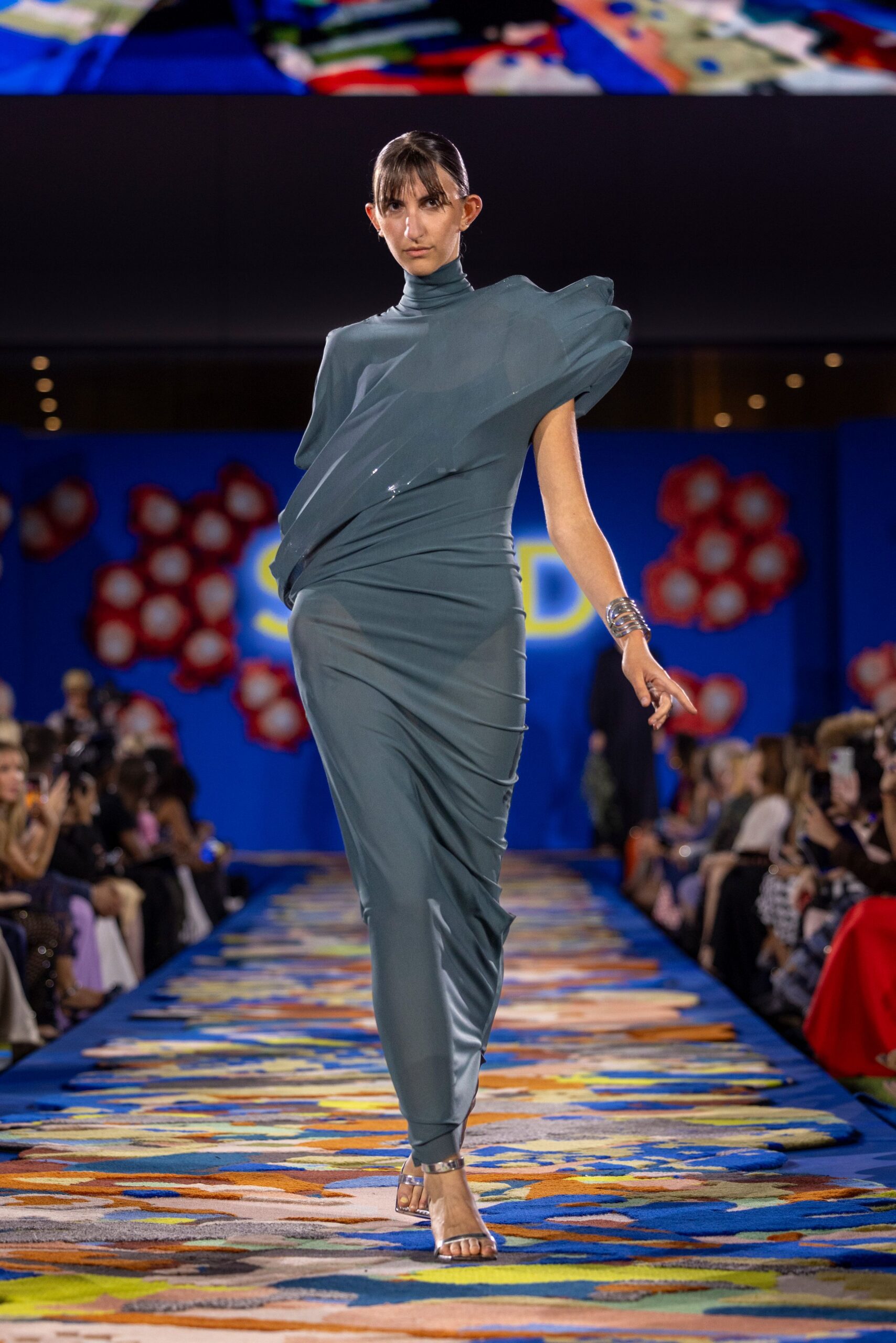 blue silk fitted dress