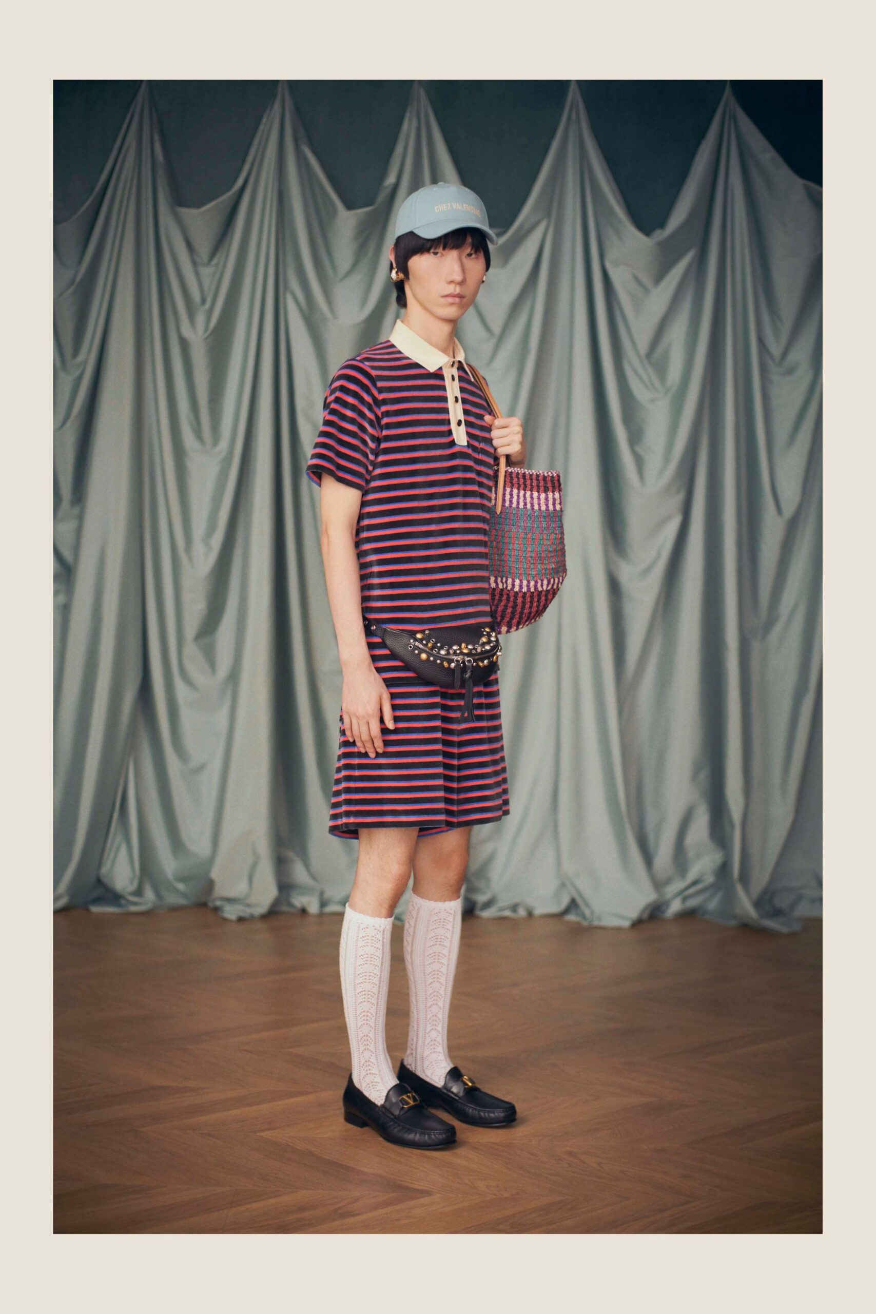 red cotton short-sleeve collared relaxed striped short dress