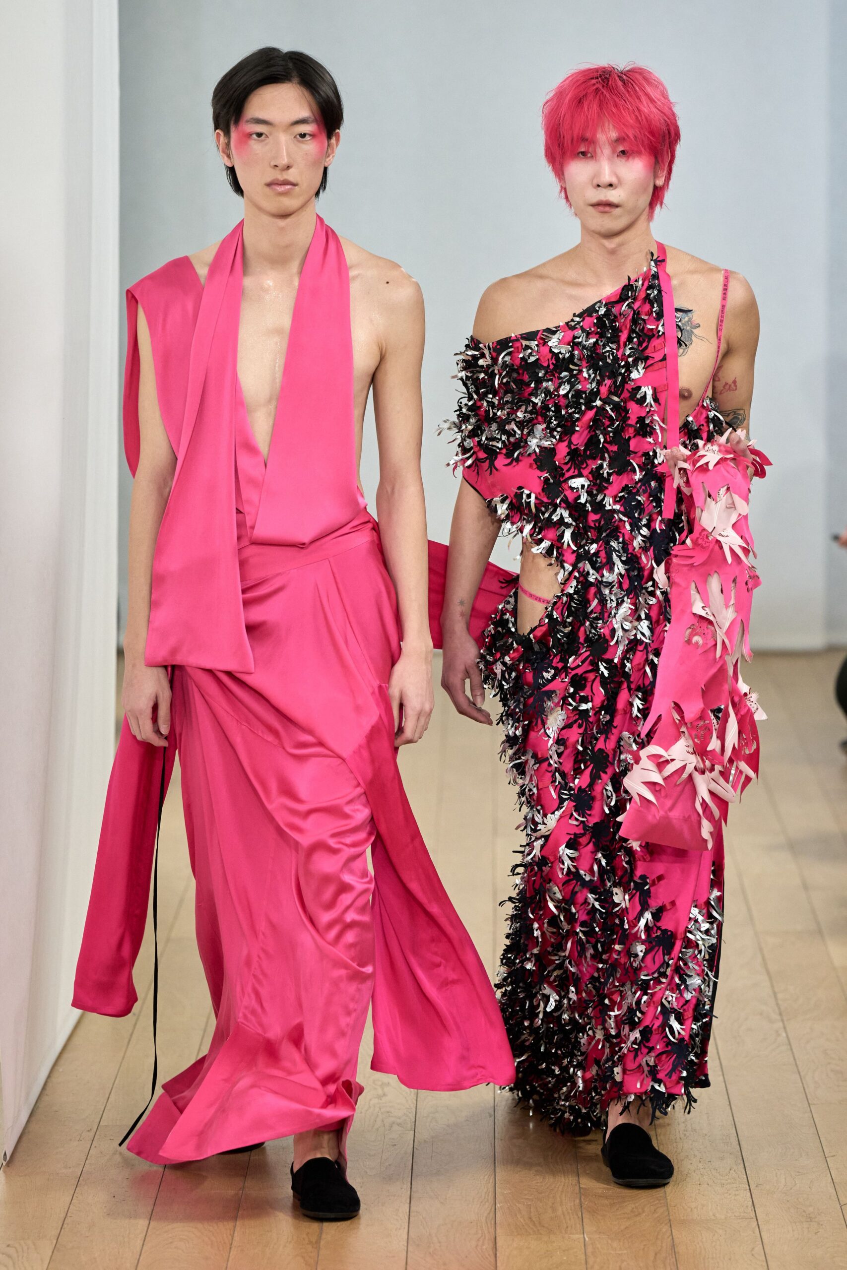 pink silk gowns and black shoes