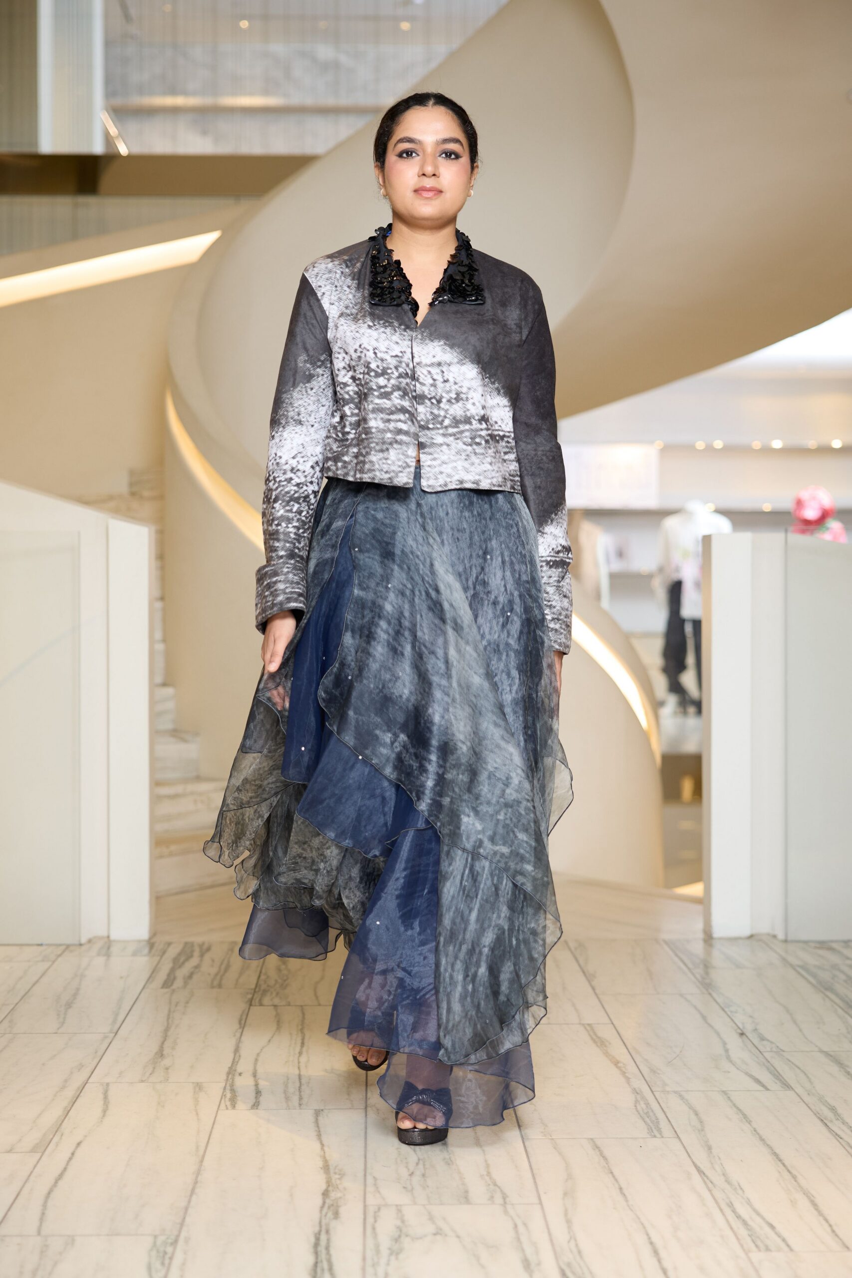 black silk long-sleeve collared fitted layered jacket