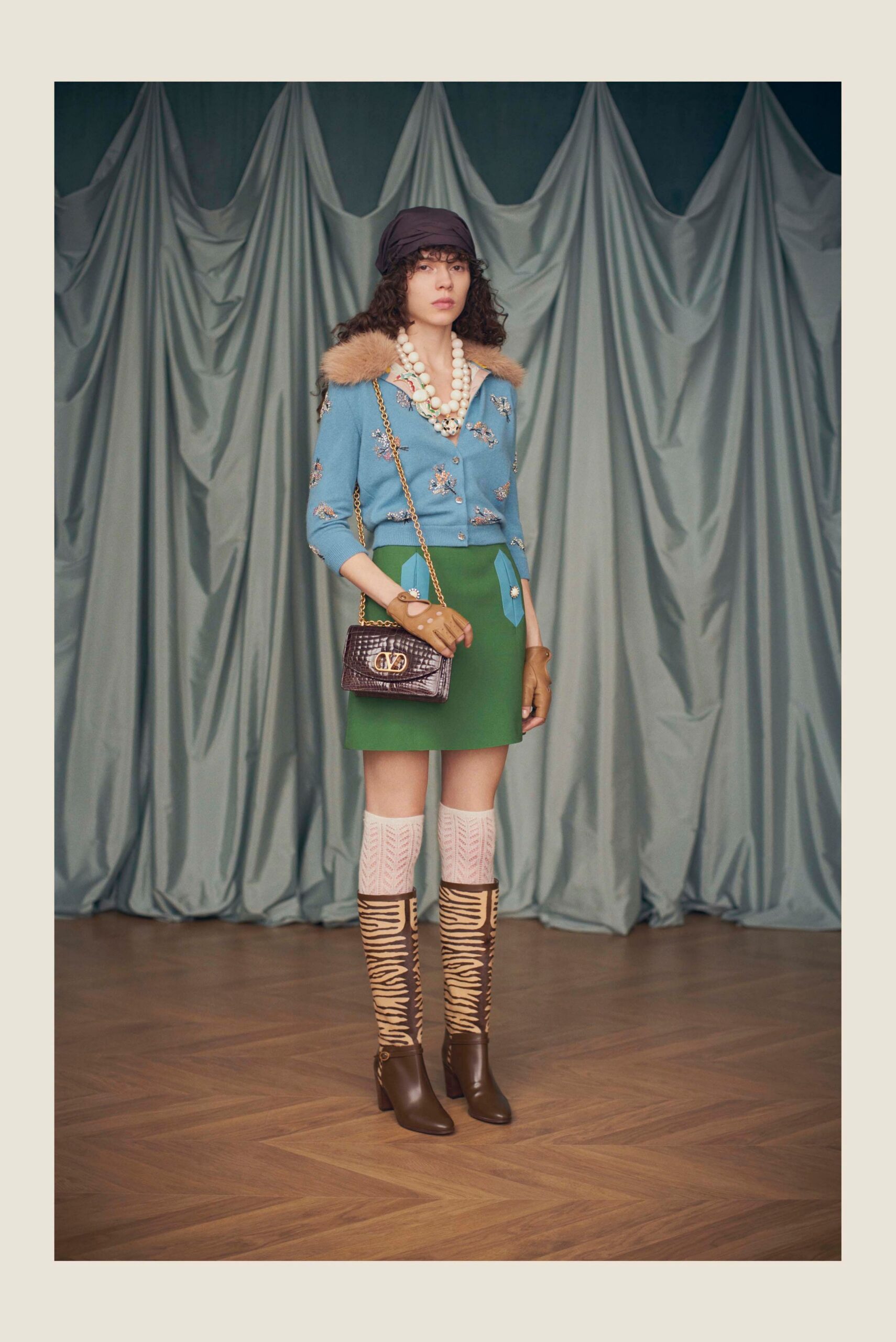 blue cotton long-sleeve v-neck fitted embroidered blouse