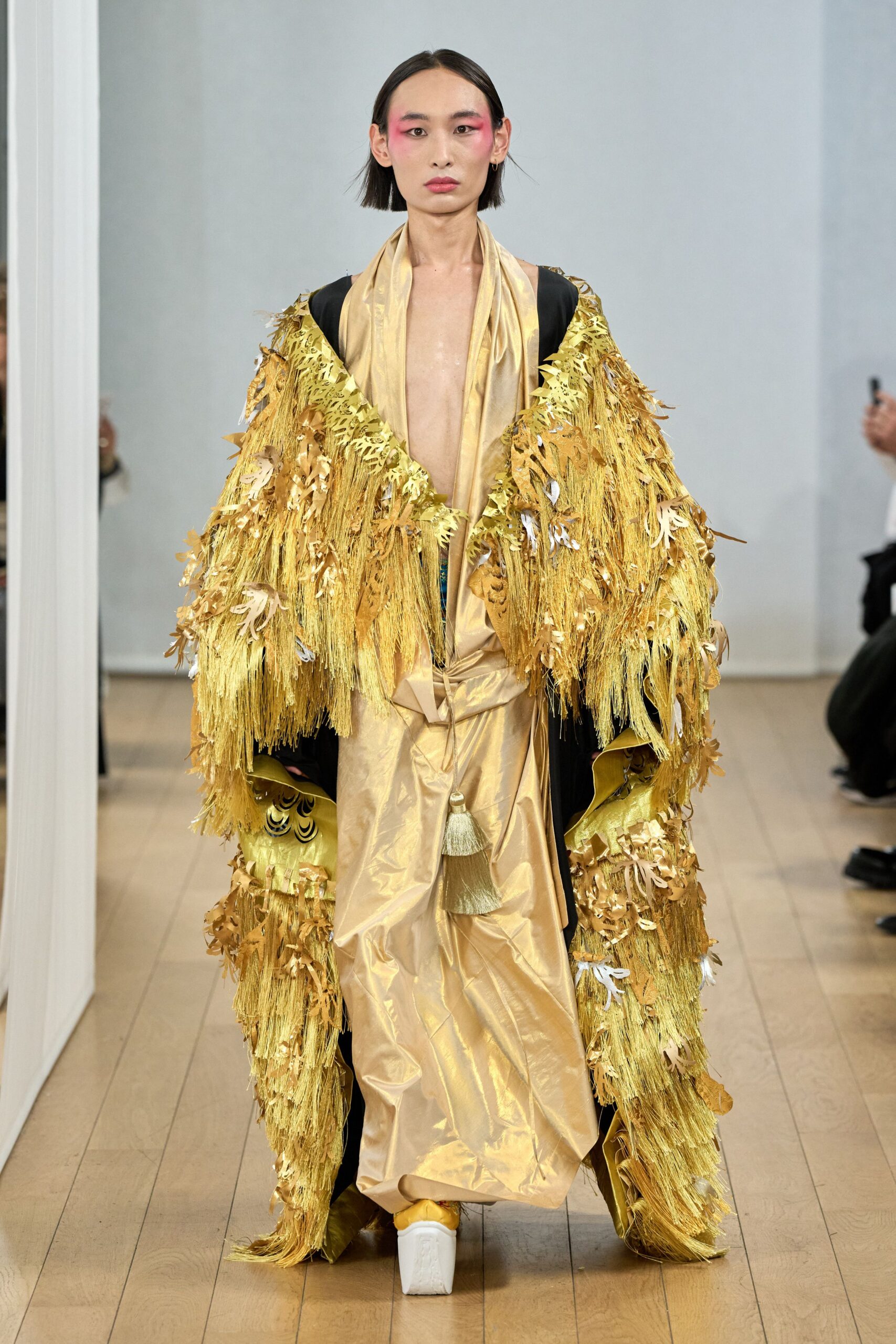 gold silk fringed gown with cape