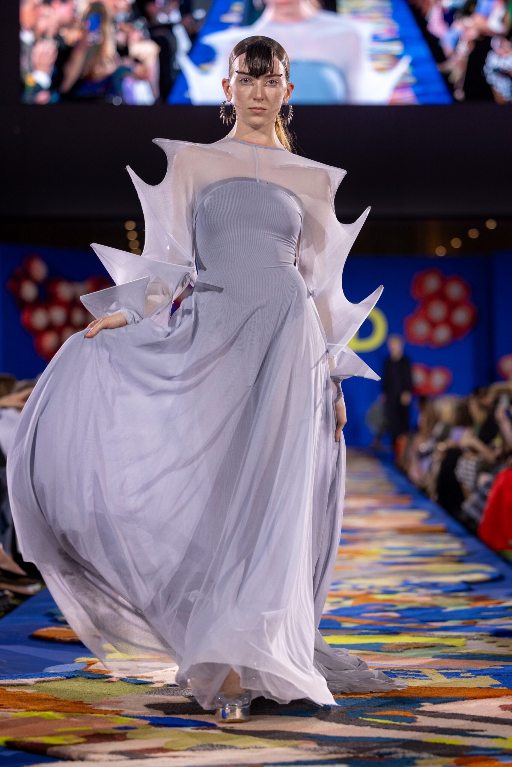 gray silk off-shoulder gown